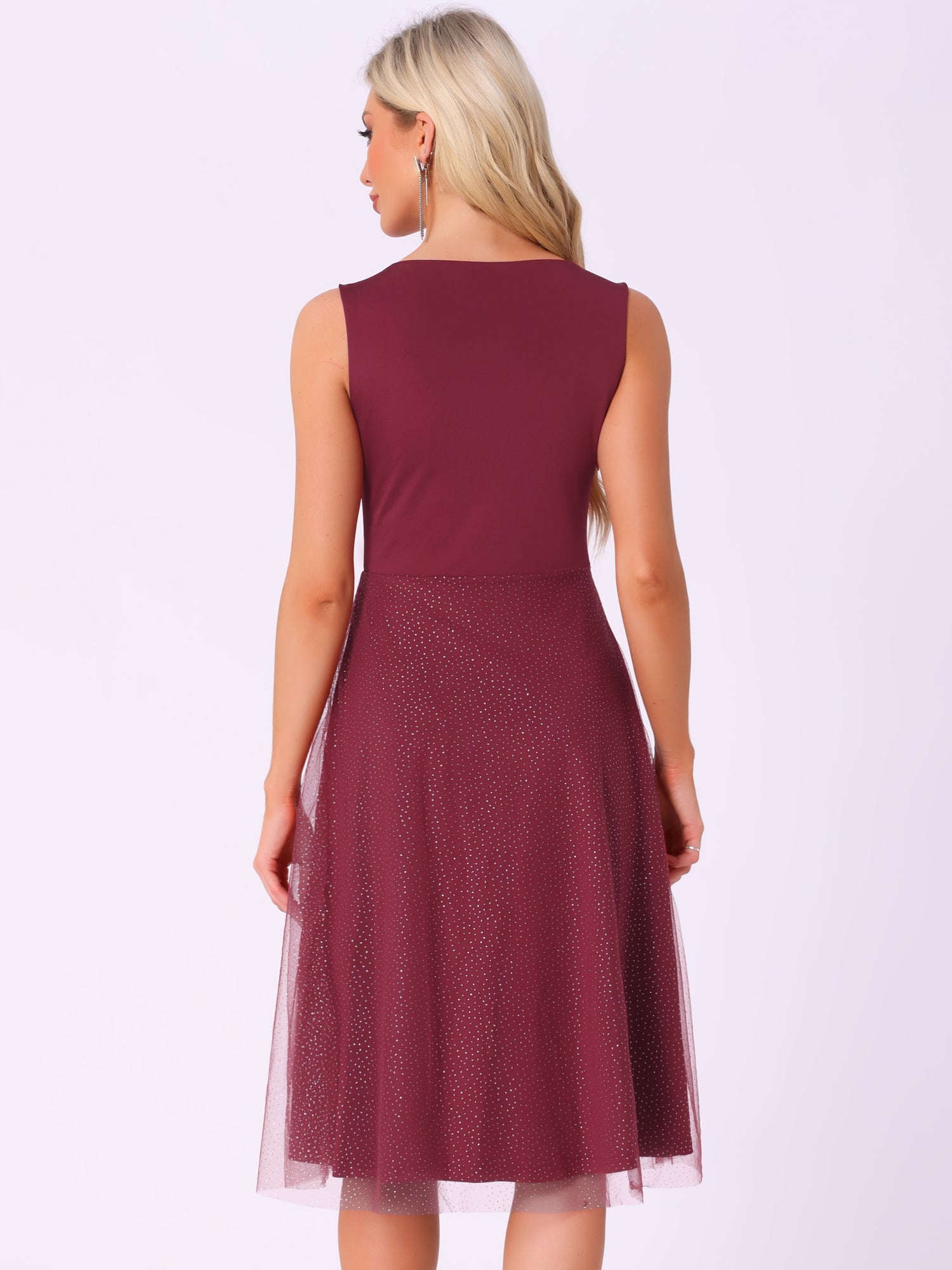 V Neck Sleeveless Glitter Midi A-Line Dress