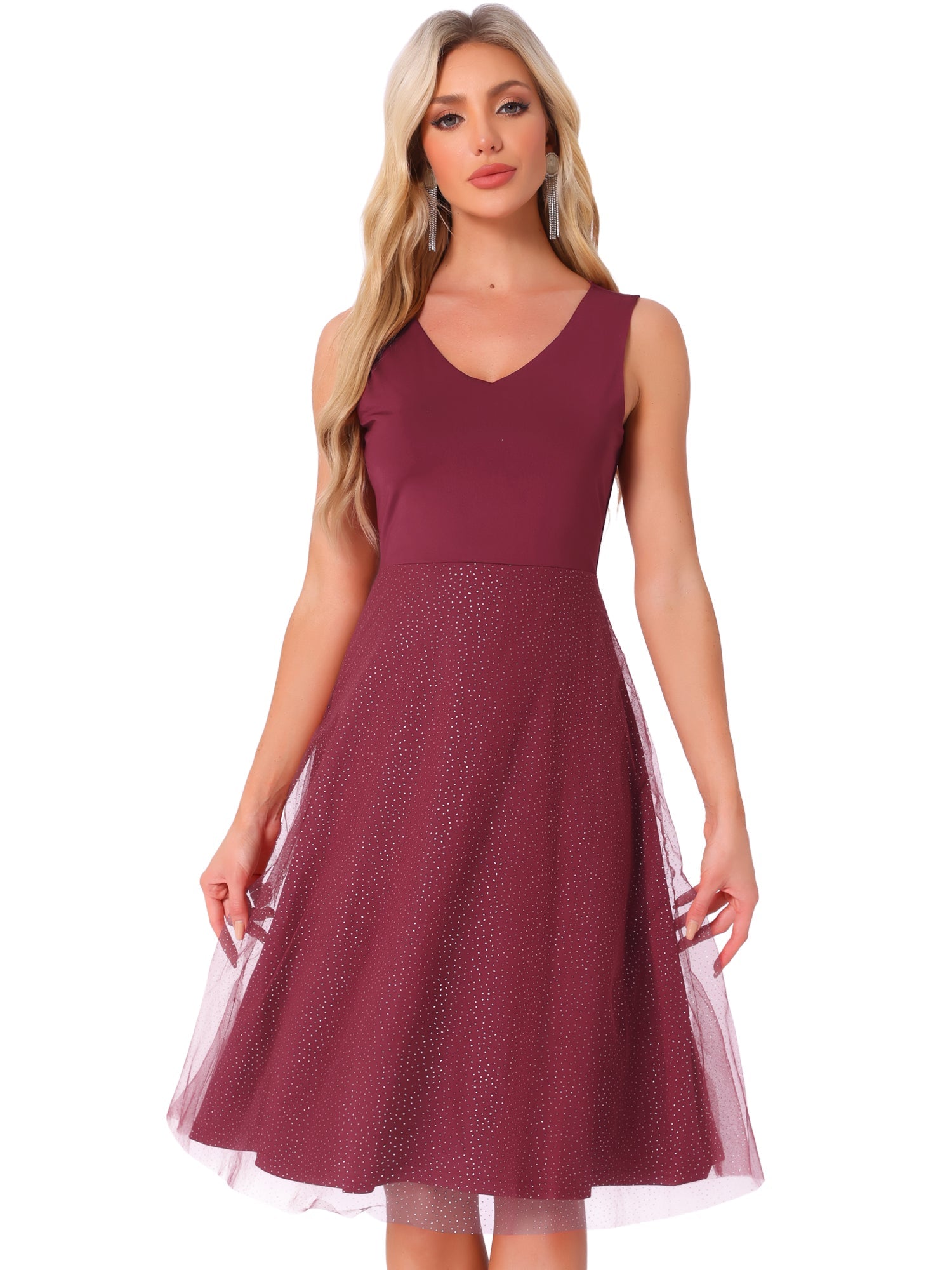 V Neck Sleeveless Glitter Midi A-Line Dress