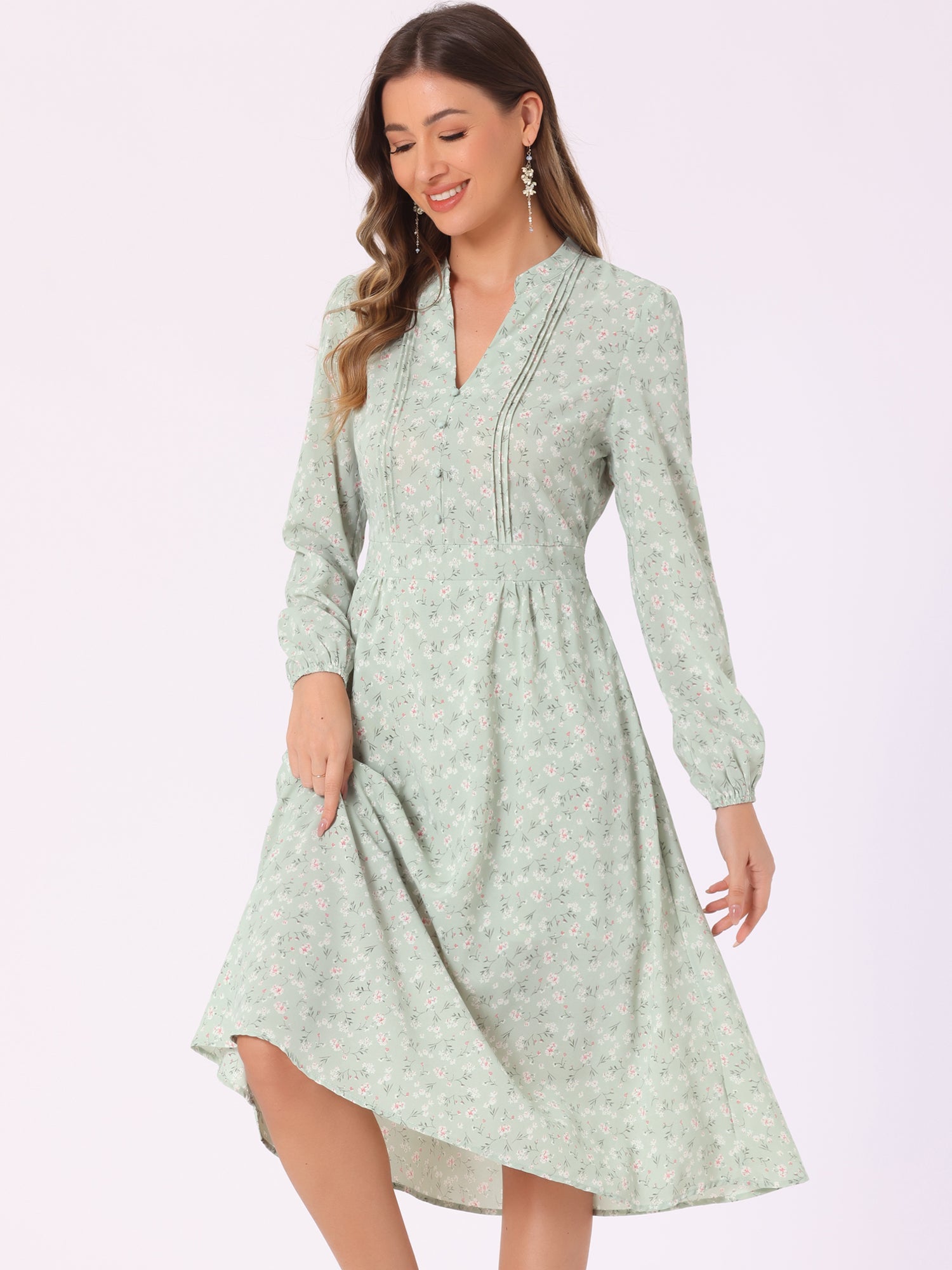 Floral Print Long Sleeve Spring Flowy Midi Boho Dress