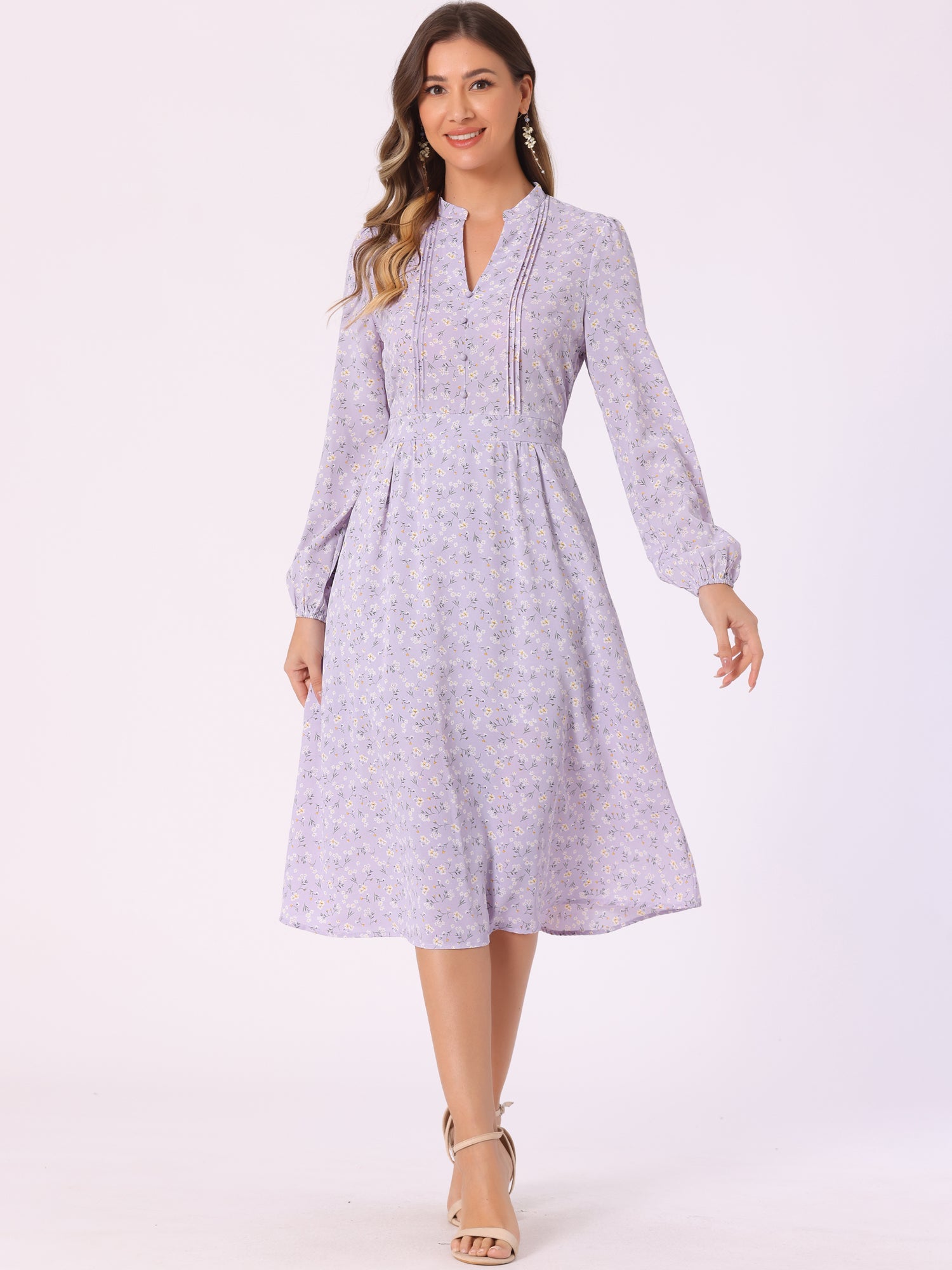 Floral Print Long Sleeve Spring Flowy Midi Boho Dress