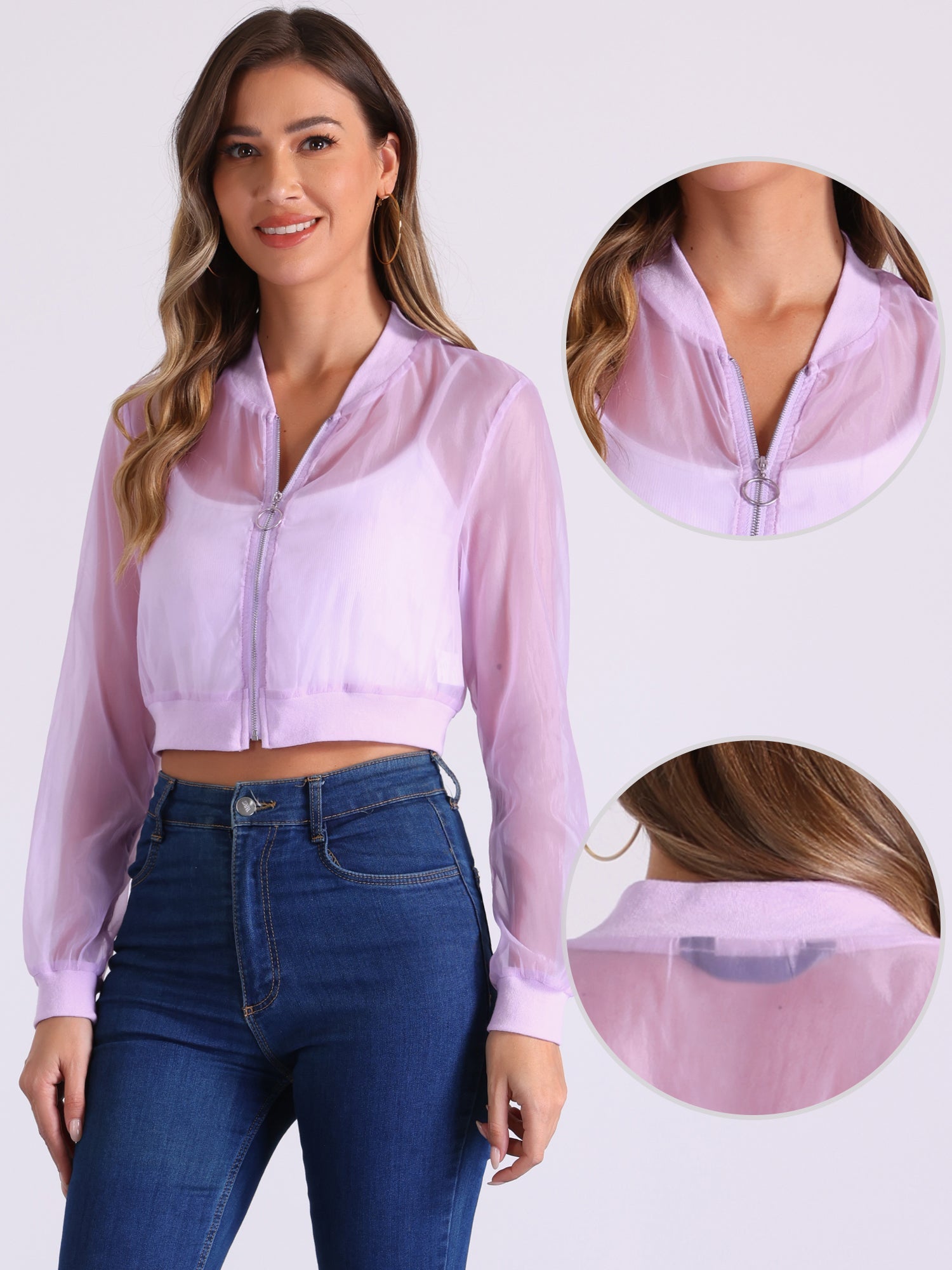Bomber Long Sleeve Crop Mesh Sheer Zip Up Jackets