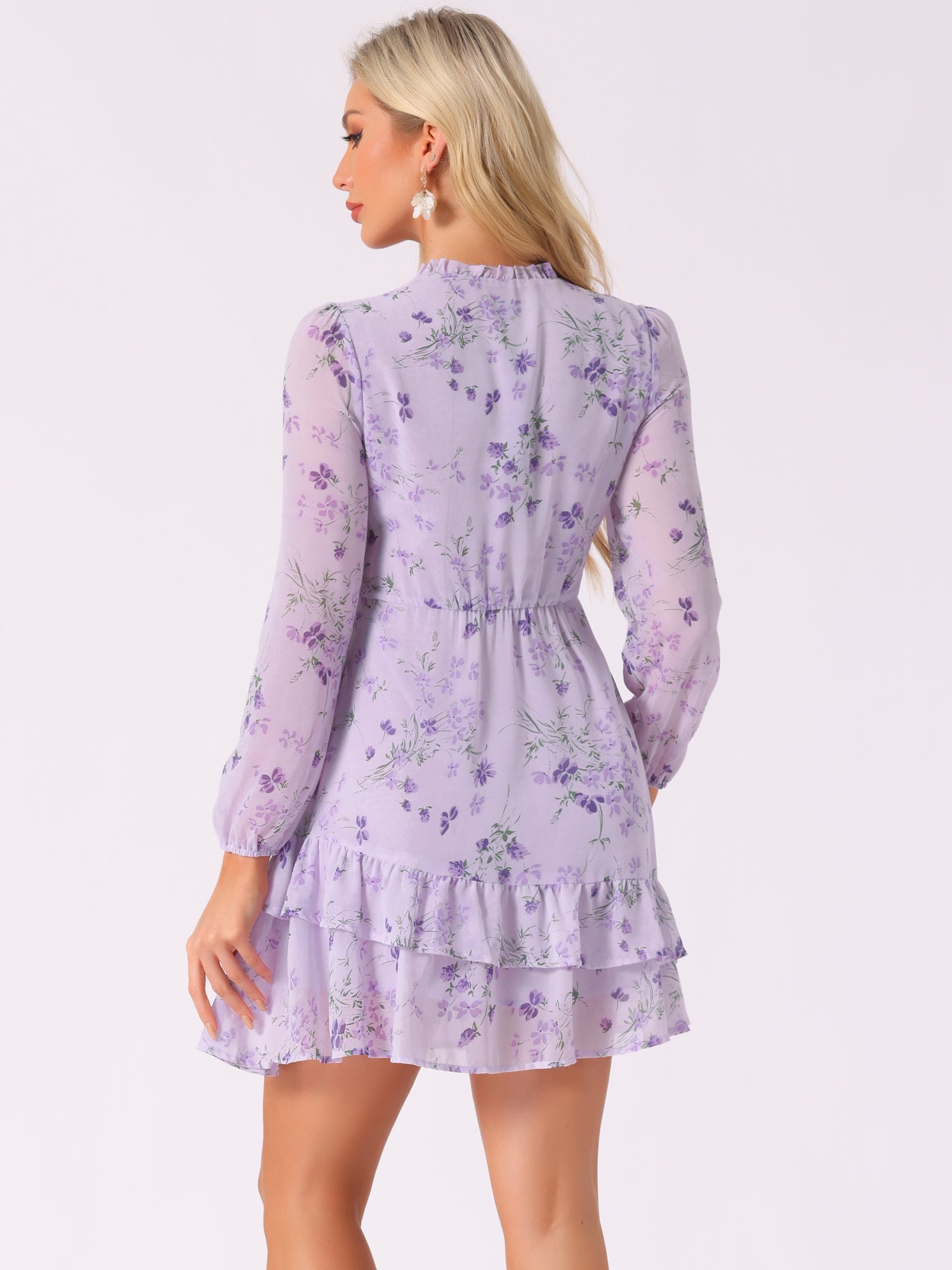 Floral V Neck Semi Sheer Layered Tiered Mini Dress
