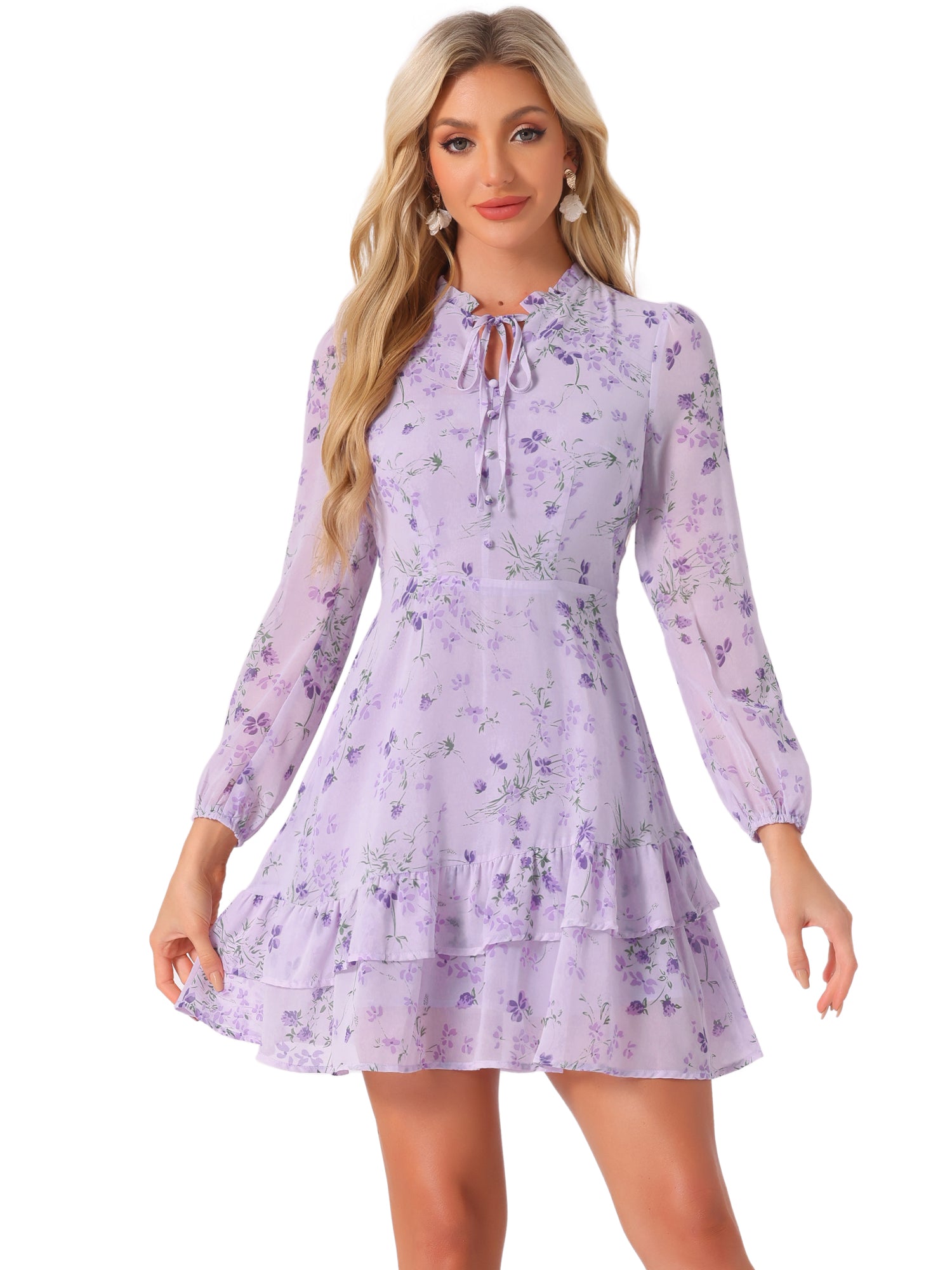 Floral V Neck Semi Sheer Layered Tiered Mini Dress