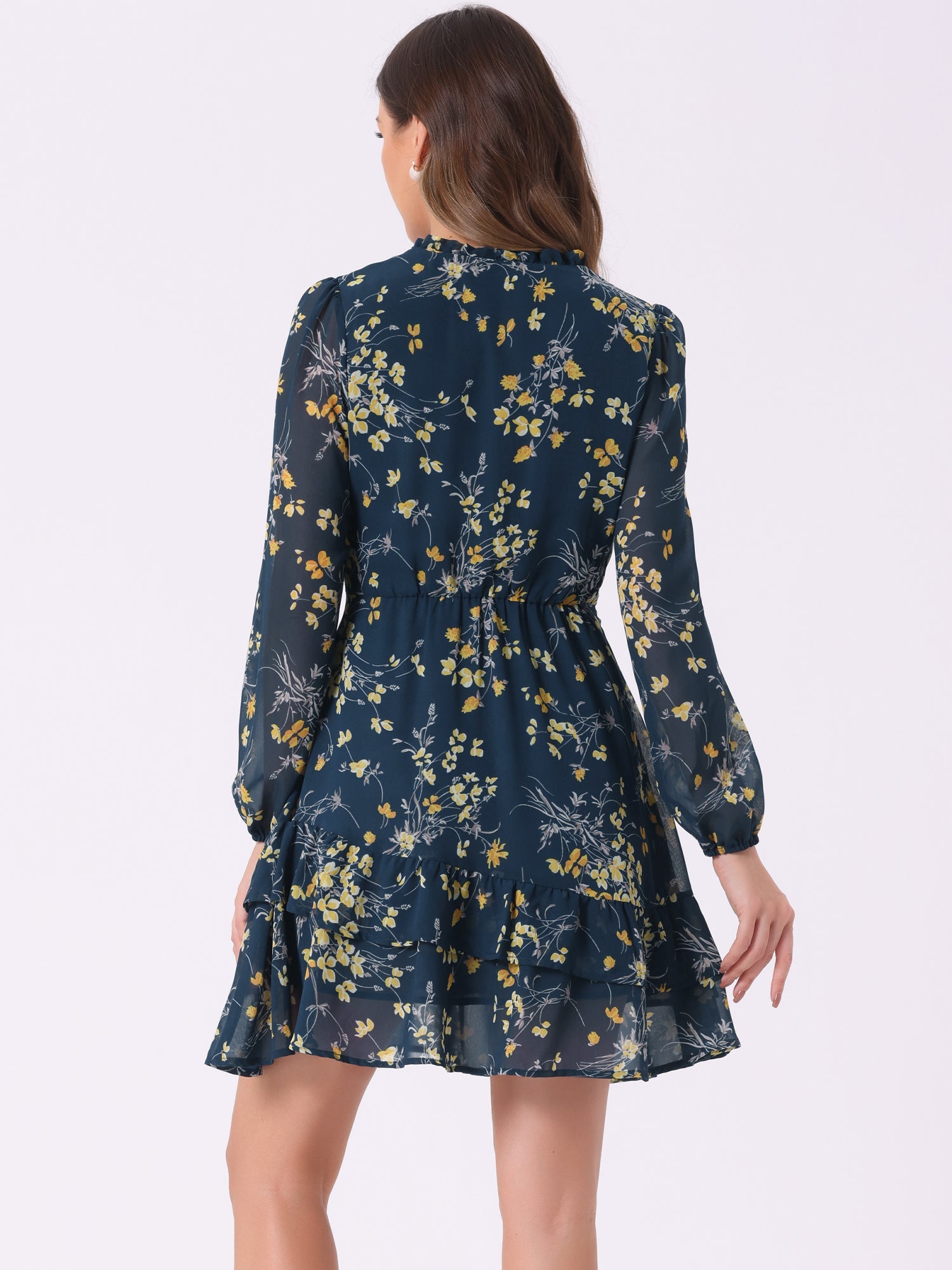 Floral V Neck Semi Sheer Layered Tiered Mini Dress