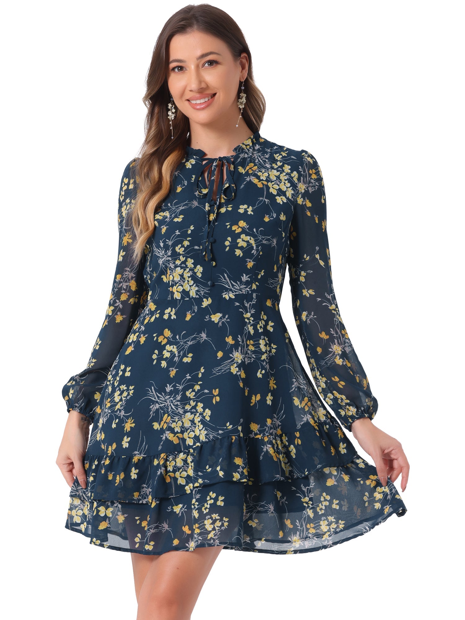 Floral V Neck Semi Sheer Layered Tiered Mini Dress