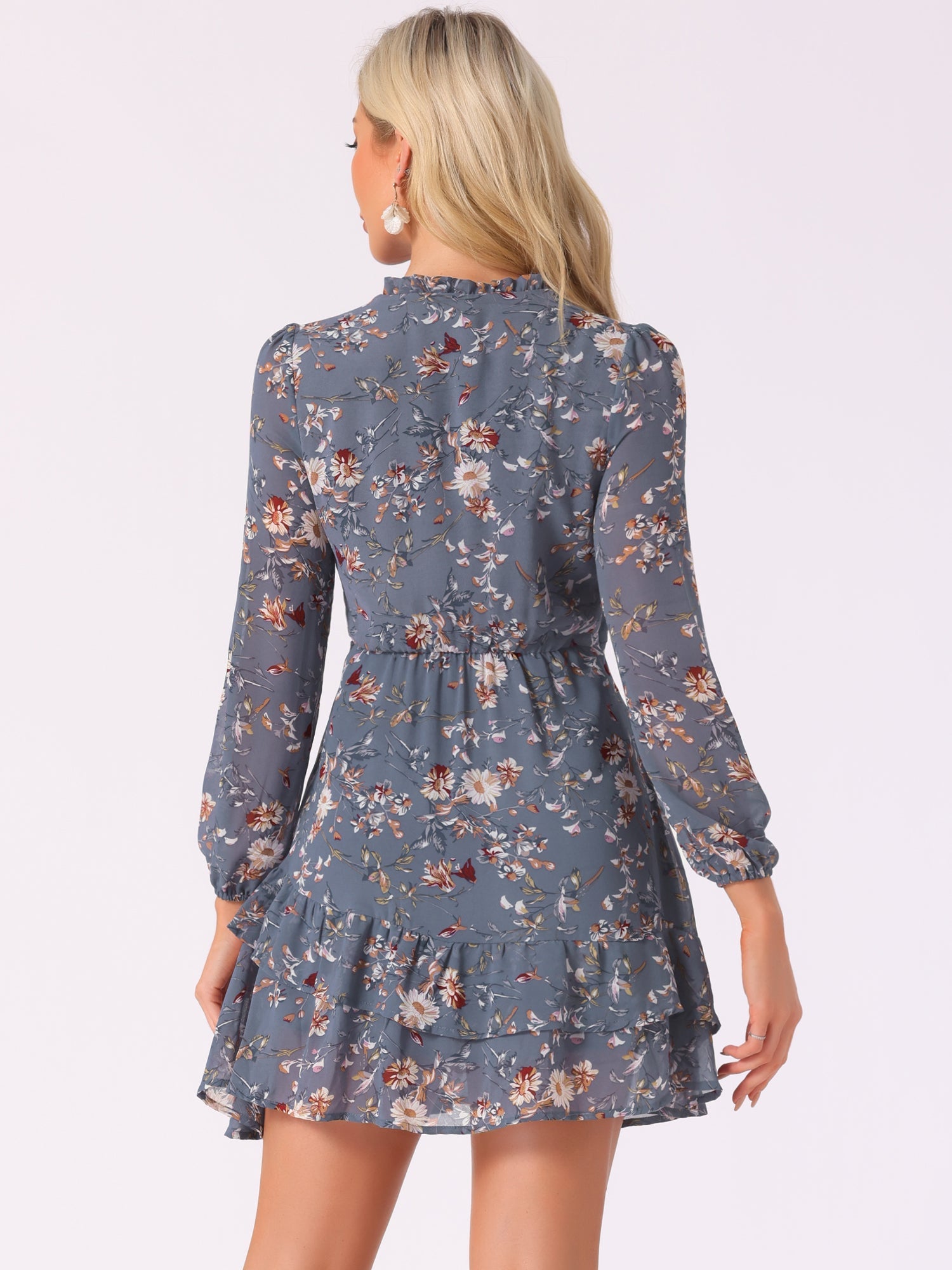 Floral V Neck Semi Sheer Layered Tiered Mini Dress