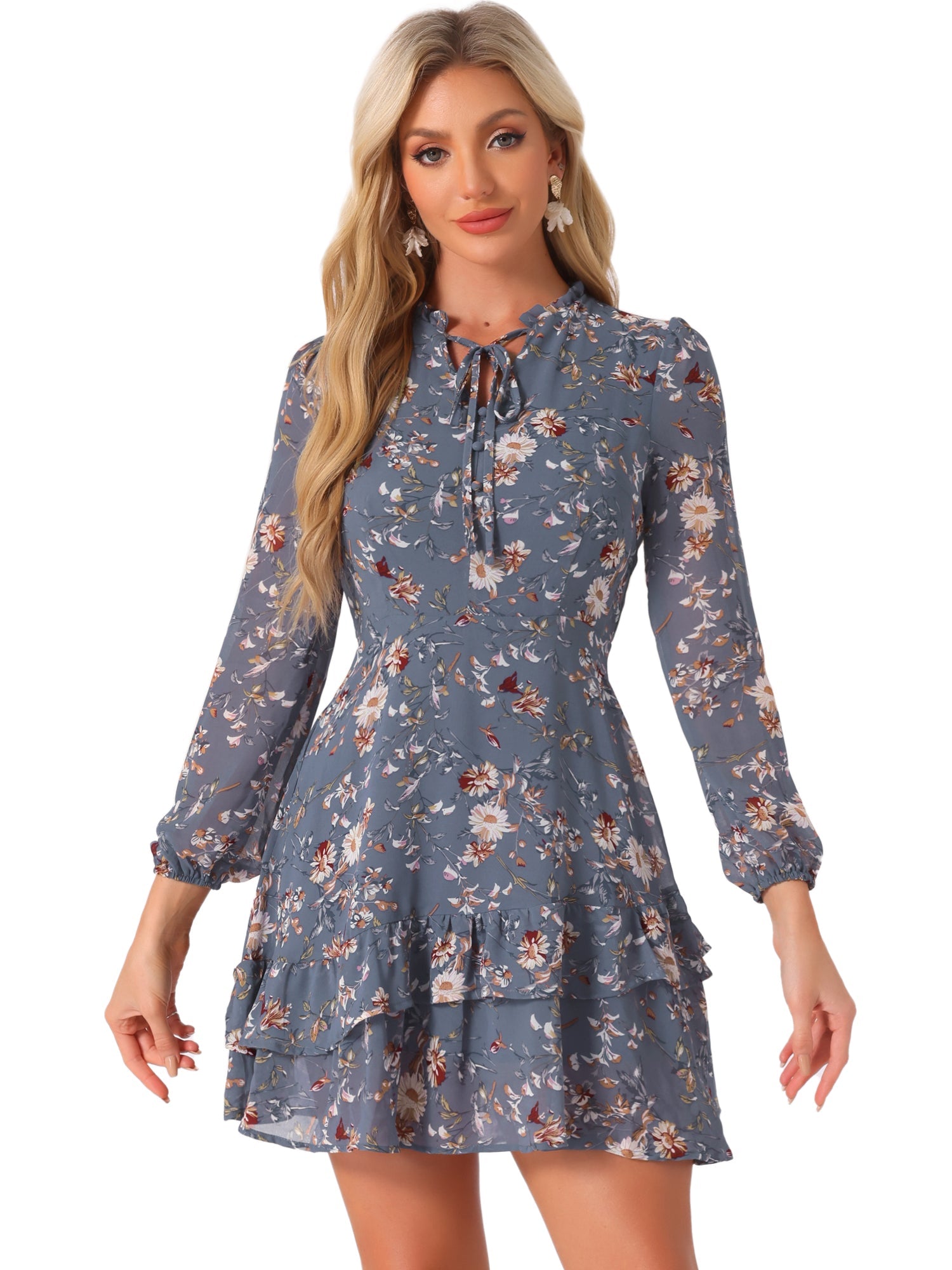 Floral V Neck Semi Sheer Layered Tiered Mini Dress