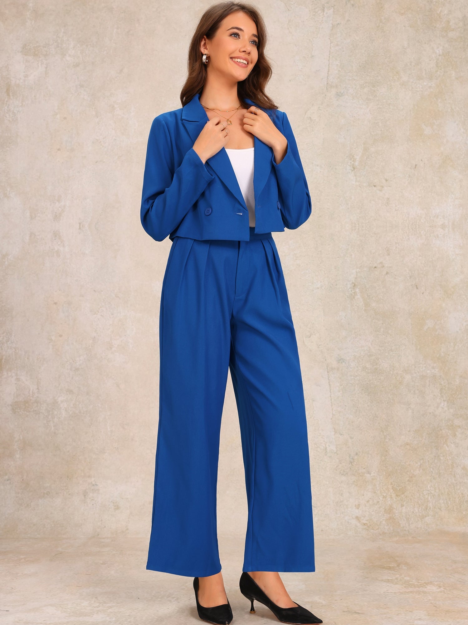 2 Piece Notched Lapel Cropped Jacket & Wide Leg Pants Work Suits Set