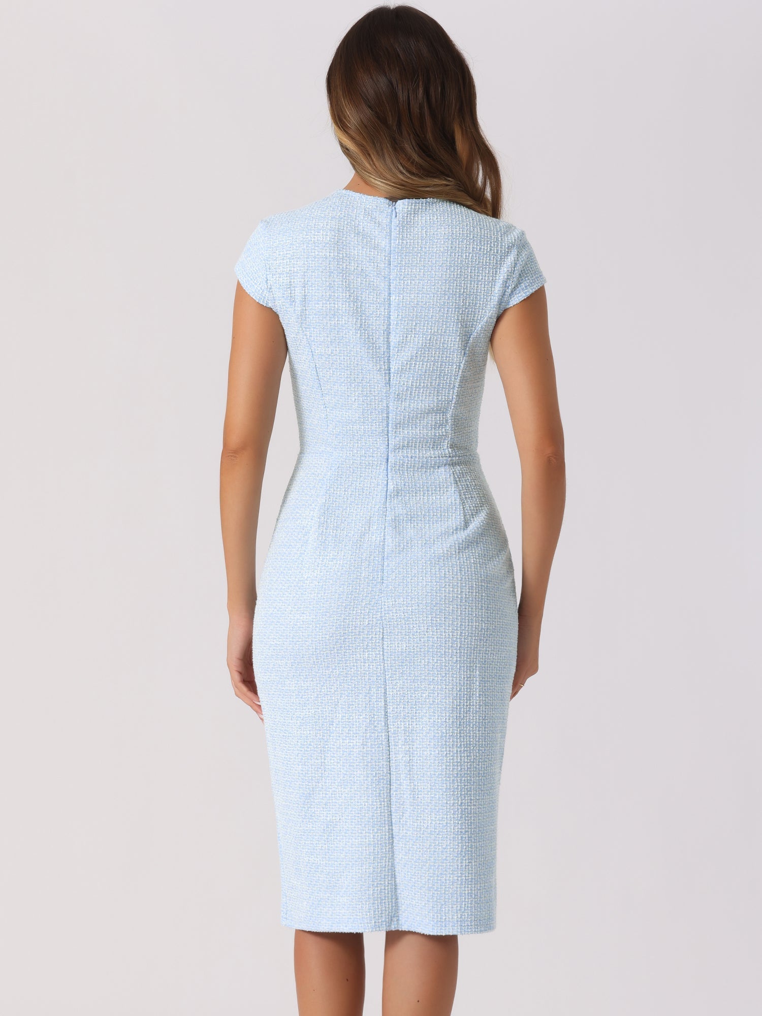 Tweed Crew Neck Cap Sleeve Midi Sheath Dress