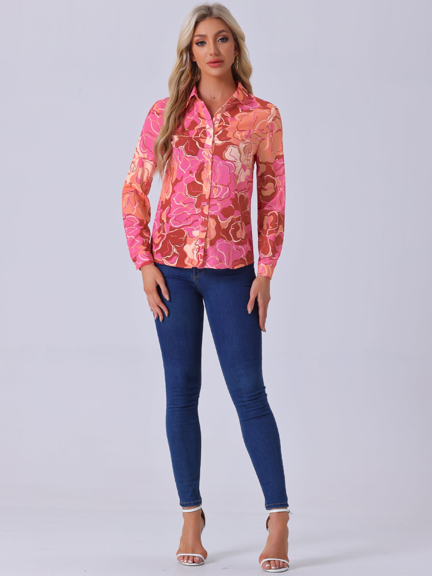 Button Down Floral Shirt Blouse Long Sleeve Point Collar Top