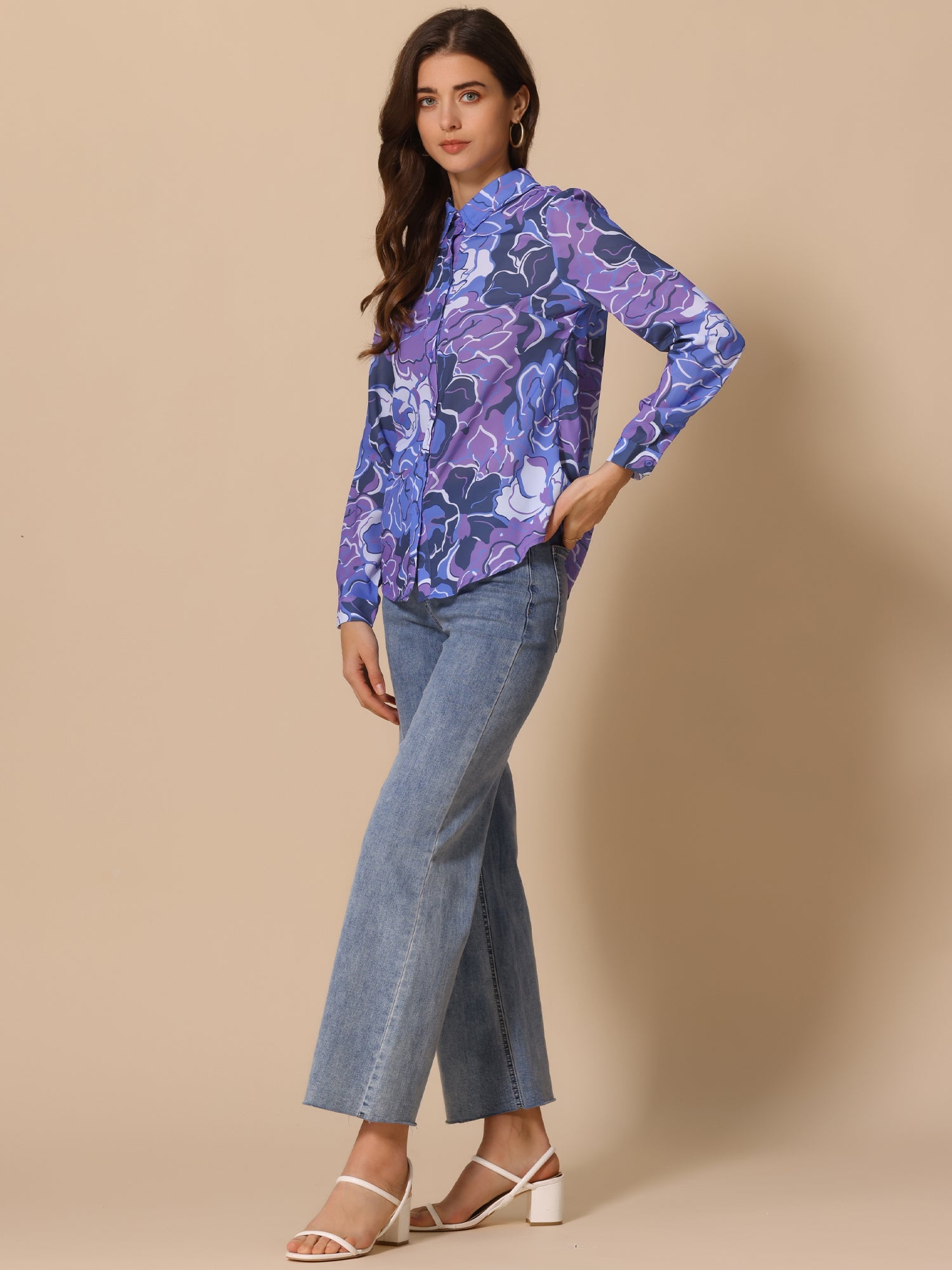 Button Down Floral Shirt Blouse Long Sleeve Point Collar Top