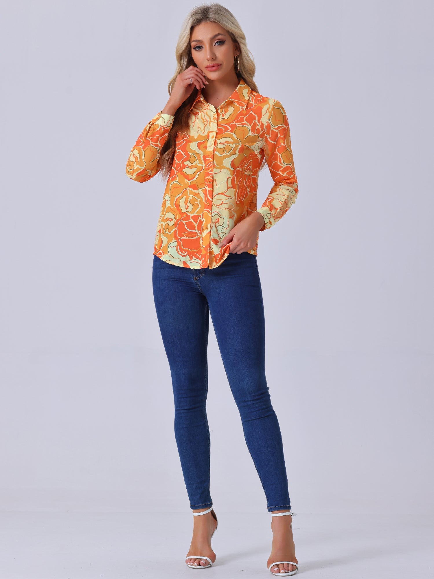 Button Down Floral Shirt Blouse Long Sleeve Point Collar Top