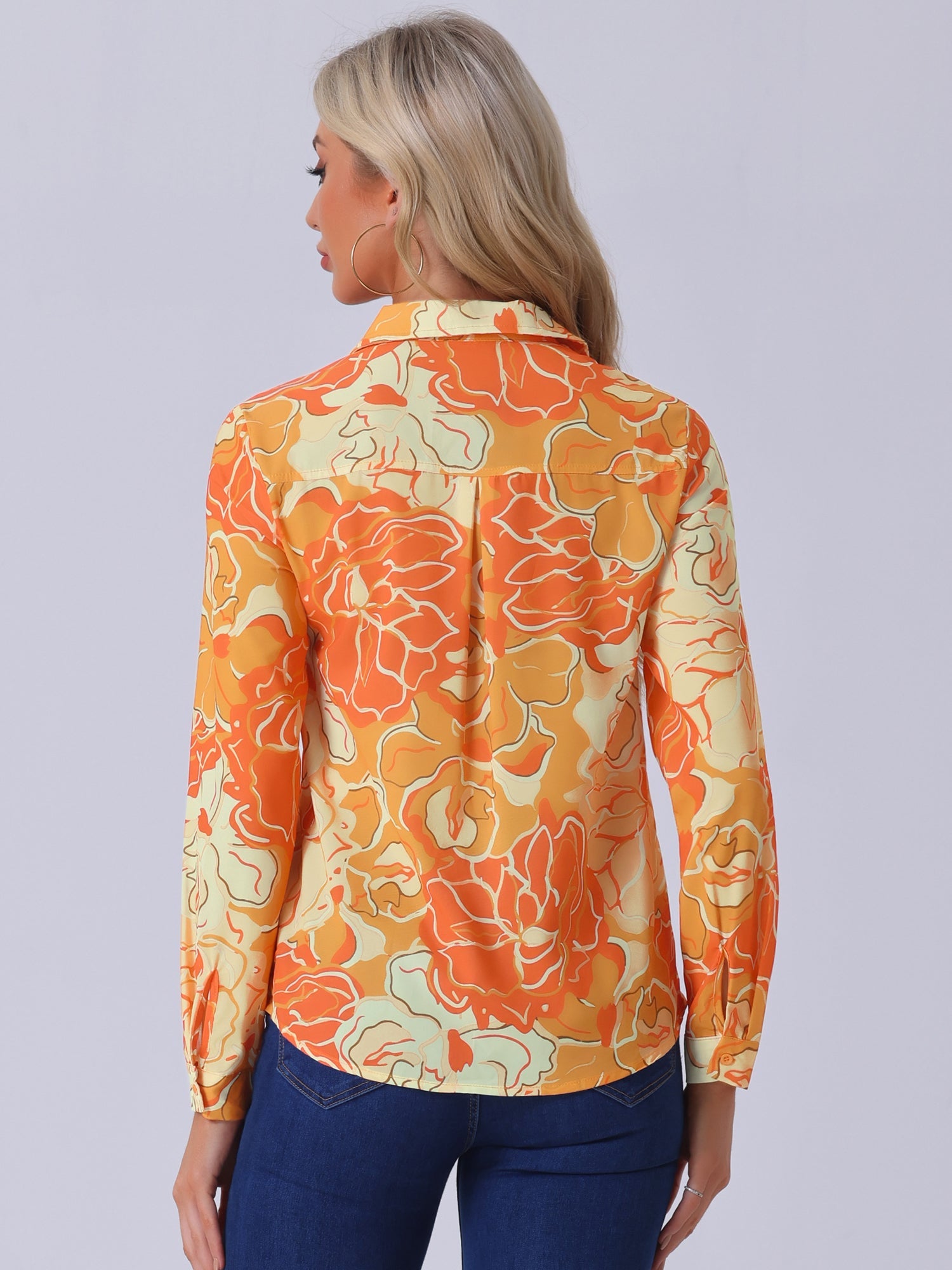 Button Down Floral Shirt Blouse Long Sleeve Point Collar Top