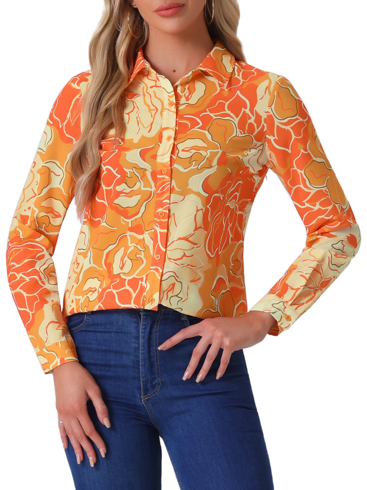 Button Down Floral Shirt Blouse Long Sleeve Point Collar Top