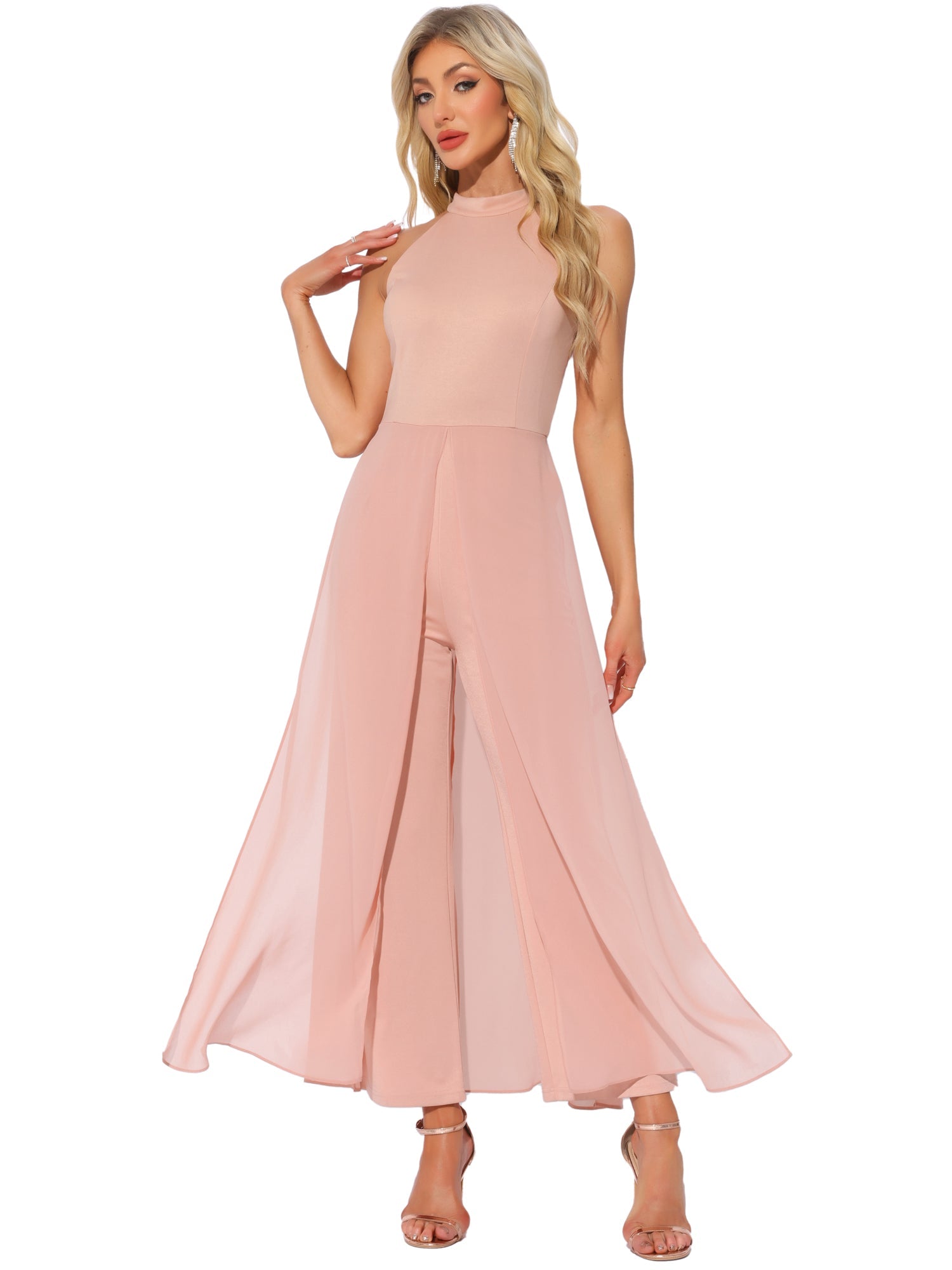 Sleeveless Halter Neck Belted Elegant Wedding Cocktail Dressy Jumpsuits