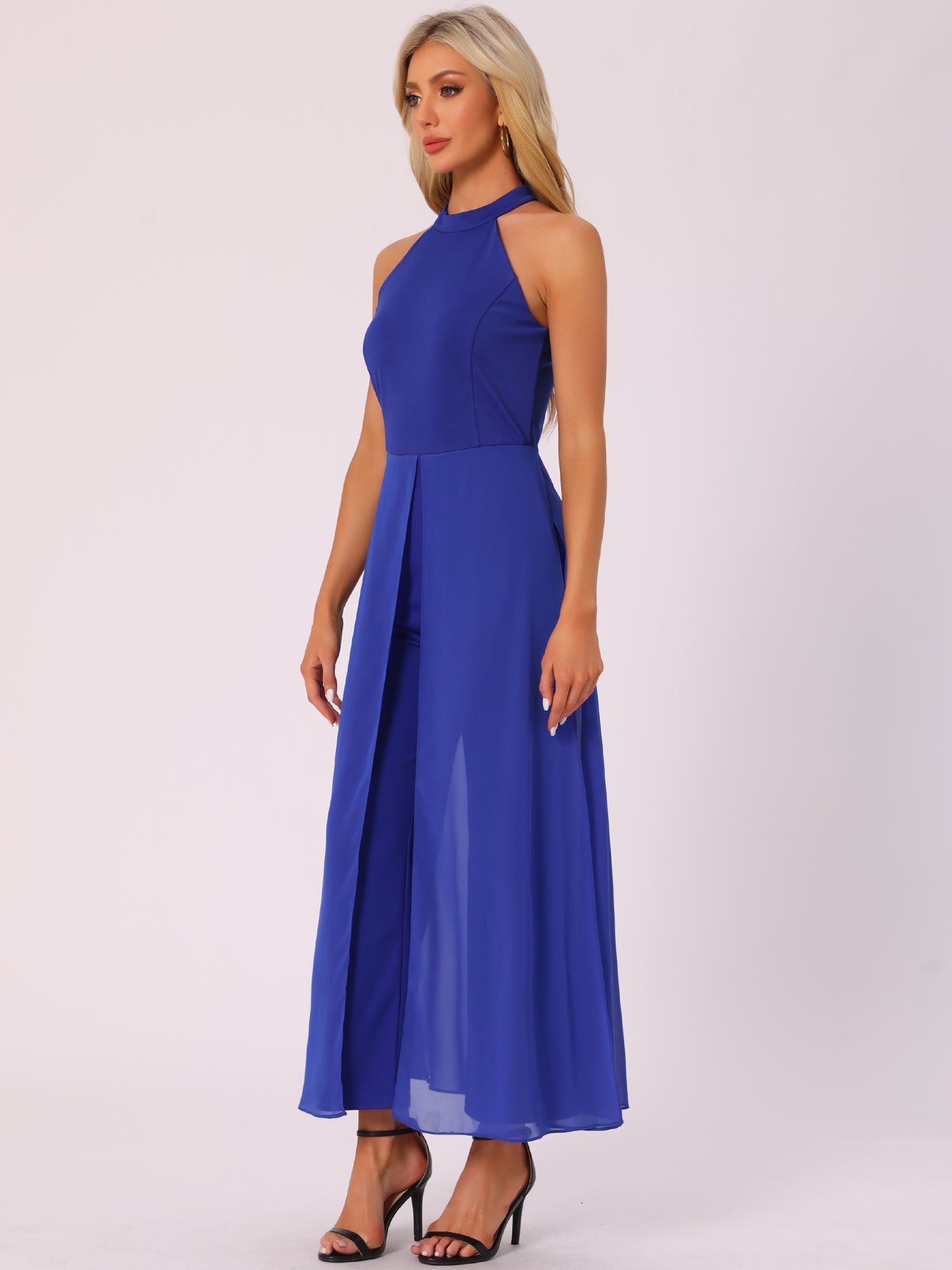 Sleeveless Halter Neck Belted Elegant Wedding Cocktail Dressy Jumpsuits