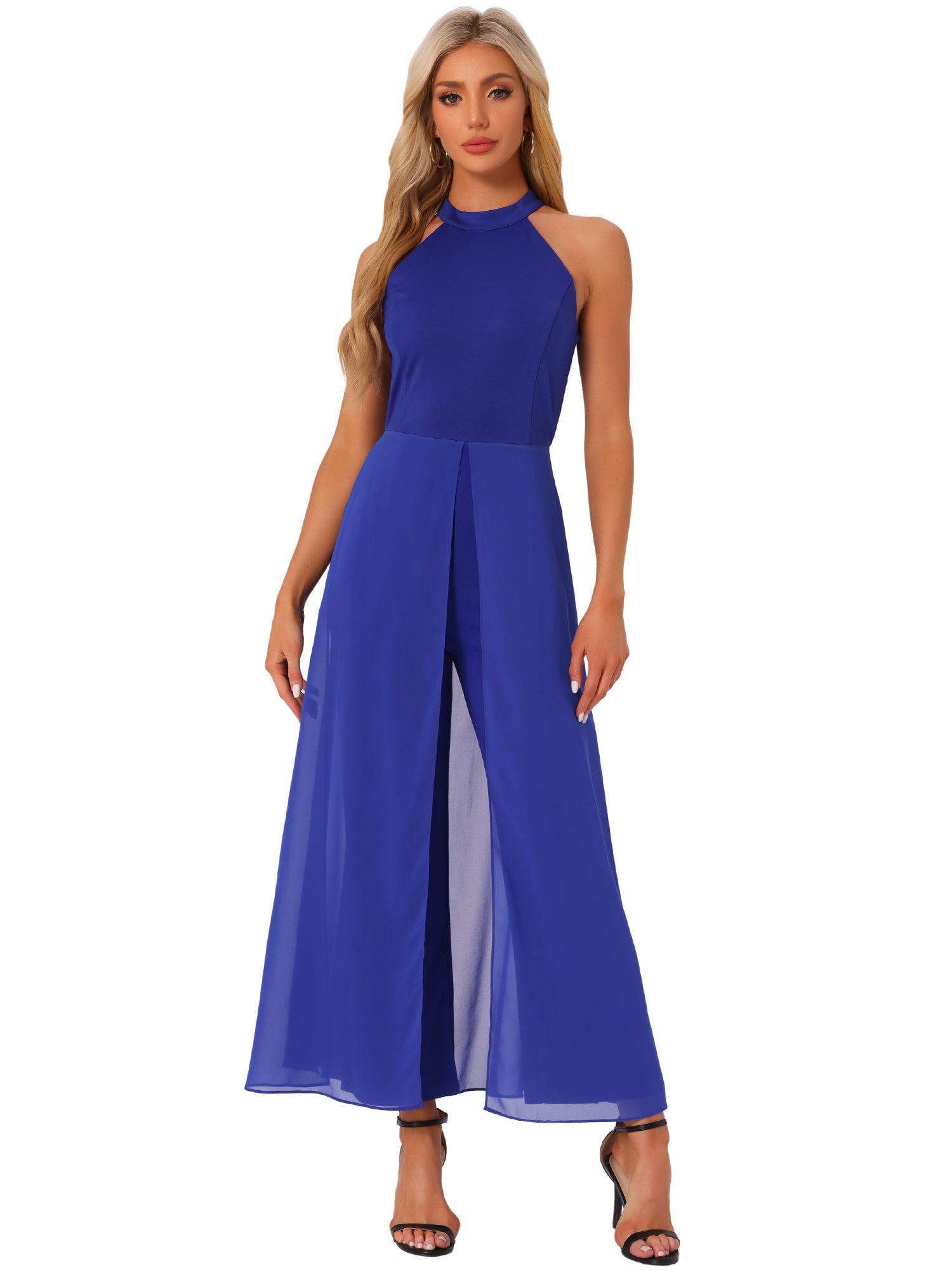 Sleeveless Halter Neck Belted Elegant Wedding Cocktail Dressy Jumpsuits