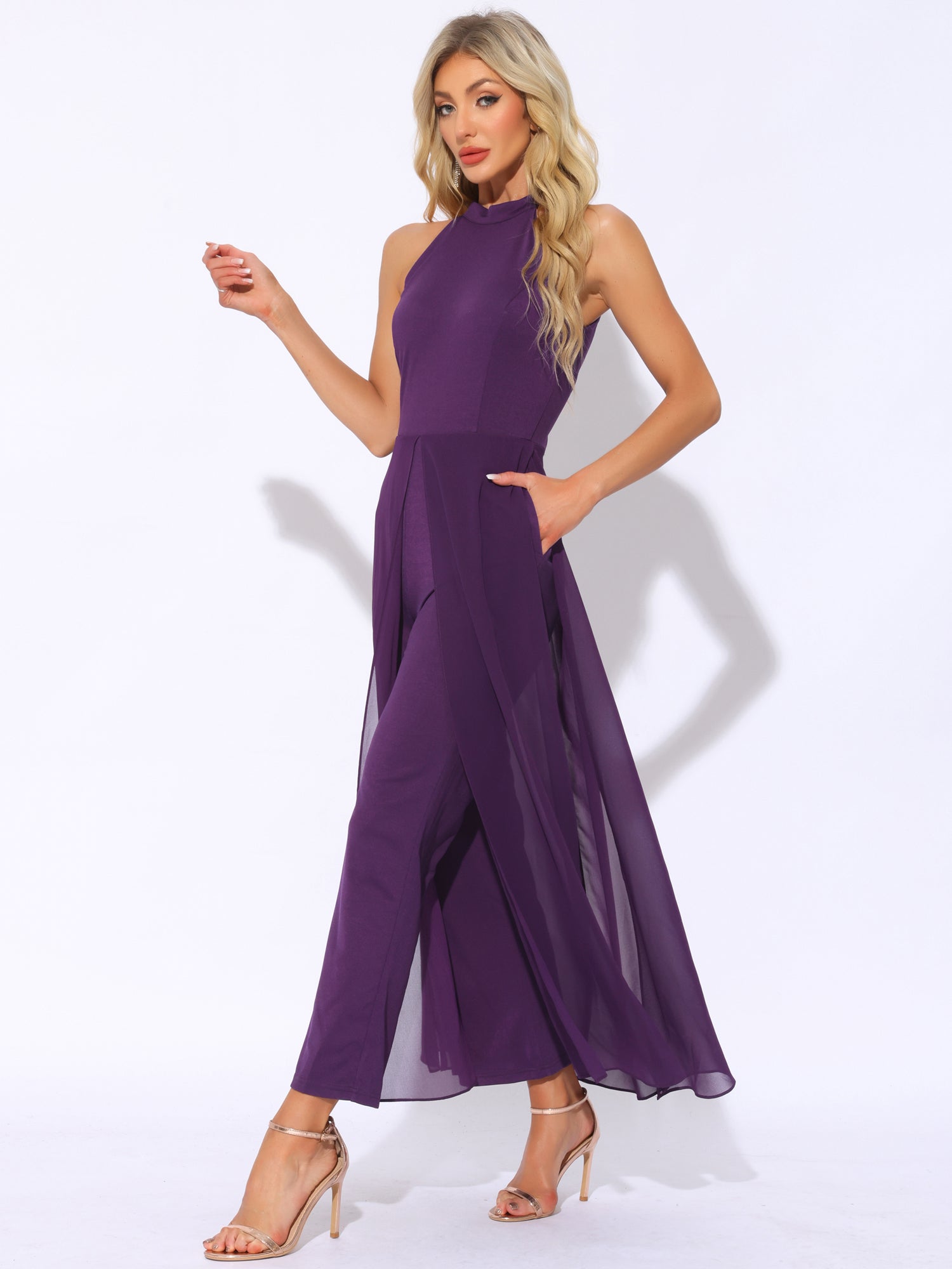 Sleeveless Halter Neck Belted Elegant Wedding Cocktail Dressy Jumpsuits