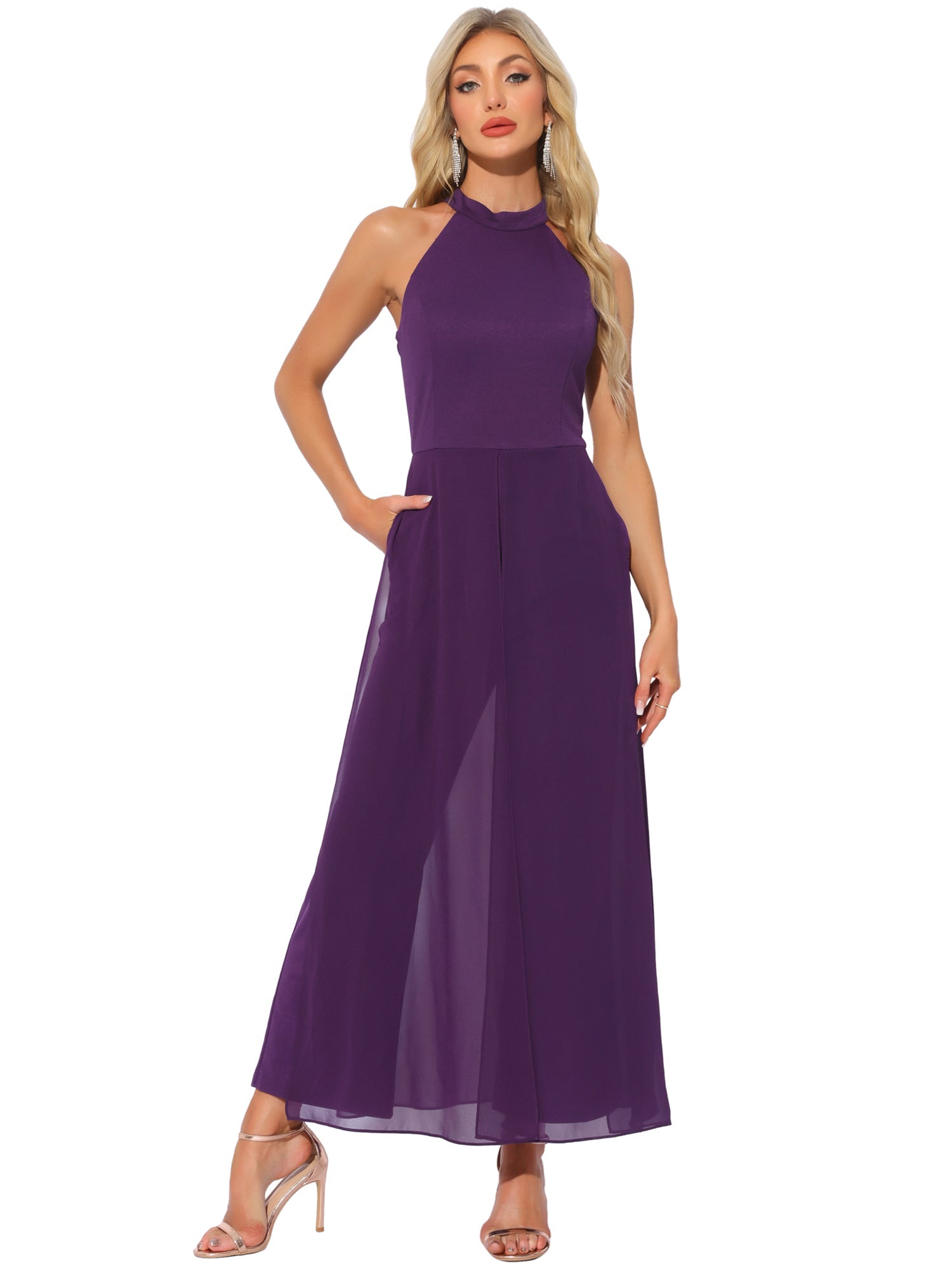 Sleeveless Halter Neck Belted Elegant Wedding Cocktail Dressy Jumpsuits