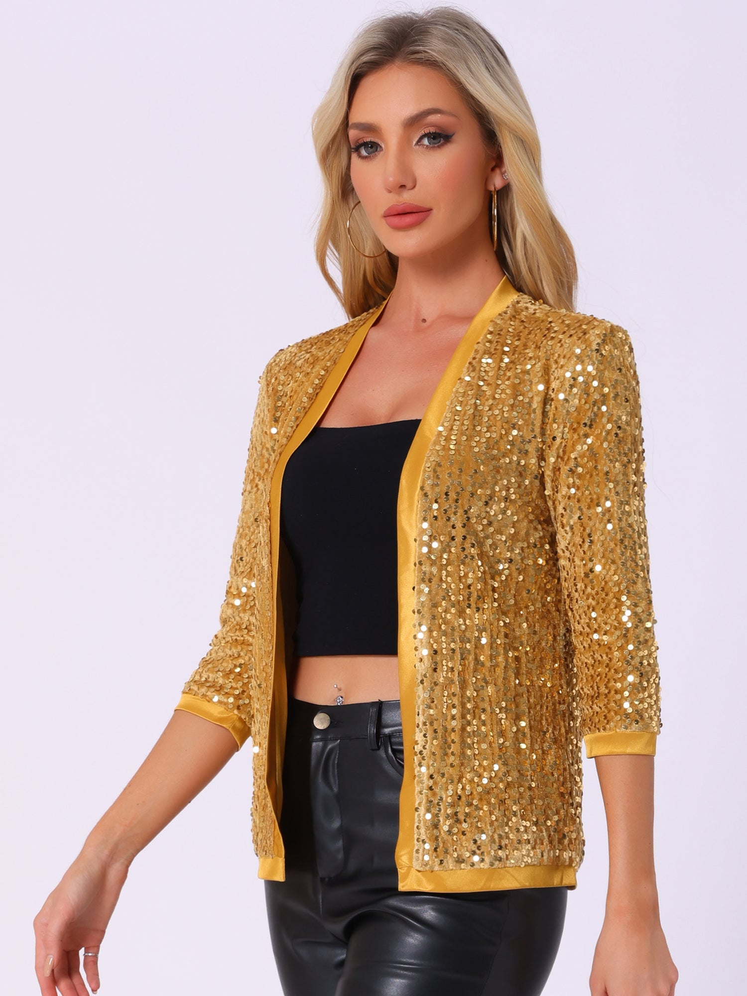 Sequin Open Front Collarless 3/4 Sleeve Velvet Jacket