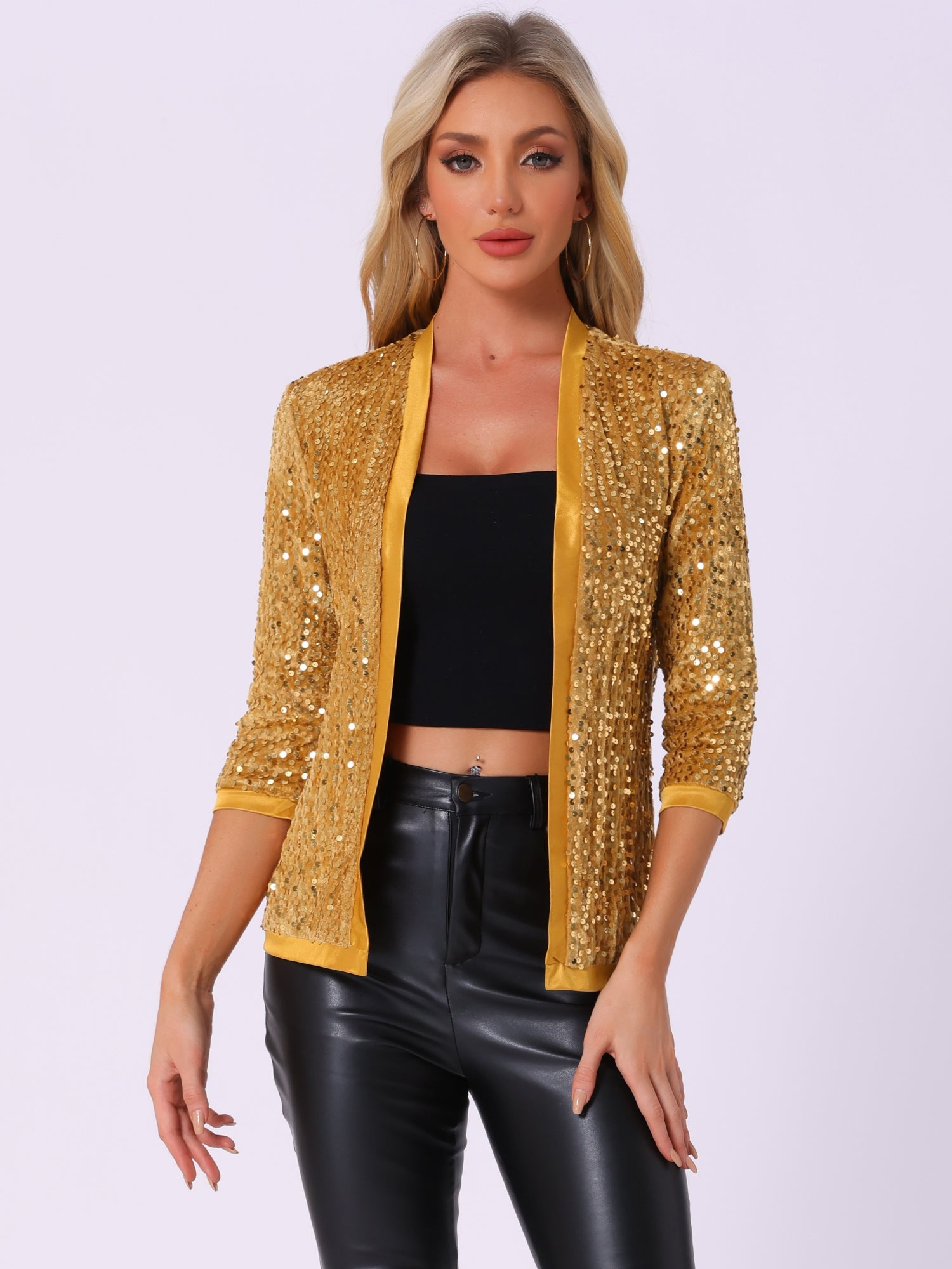 Sequin Open Front Collarless 3/4 Sleeve Velvet Jacket