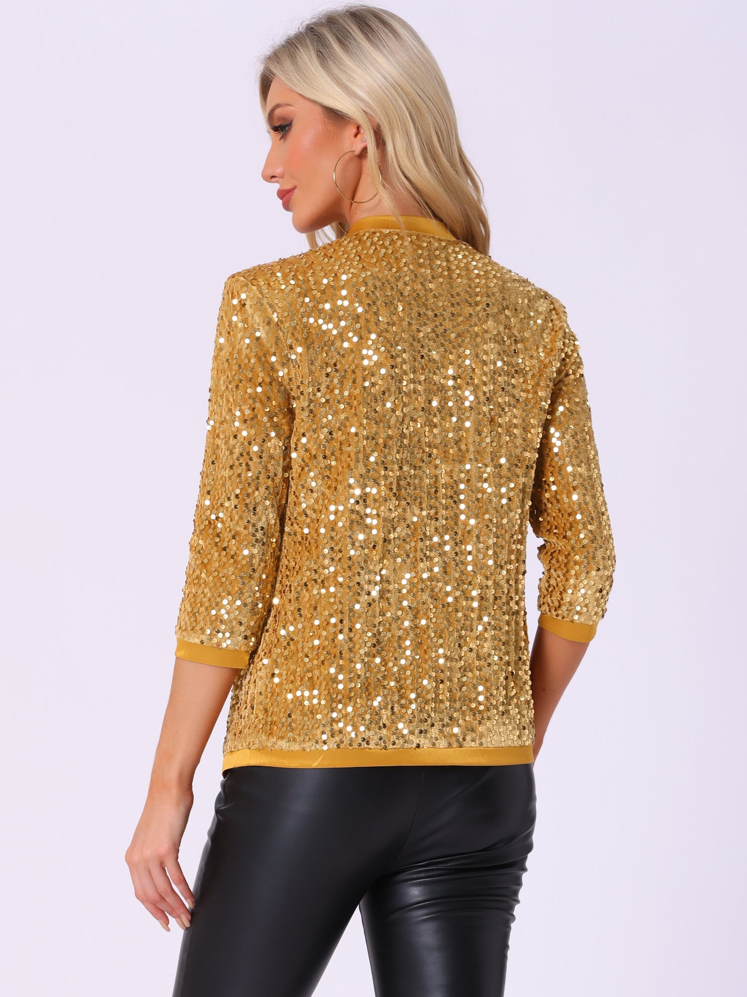 Sequin Open Front Collarless 3/4 Sleeve Velvet Jacket