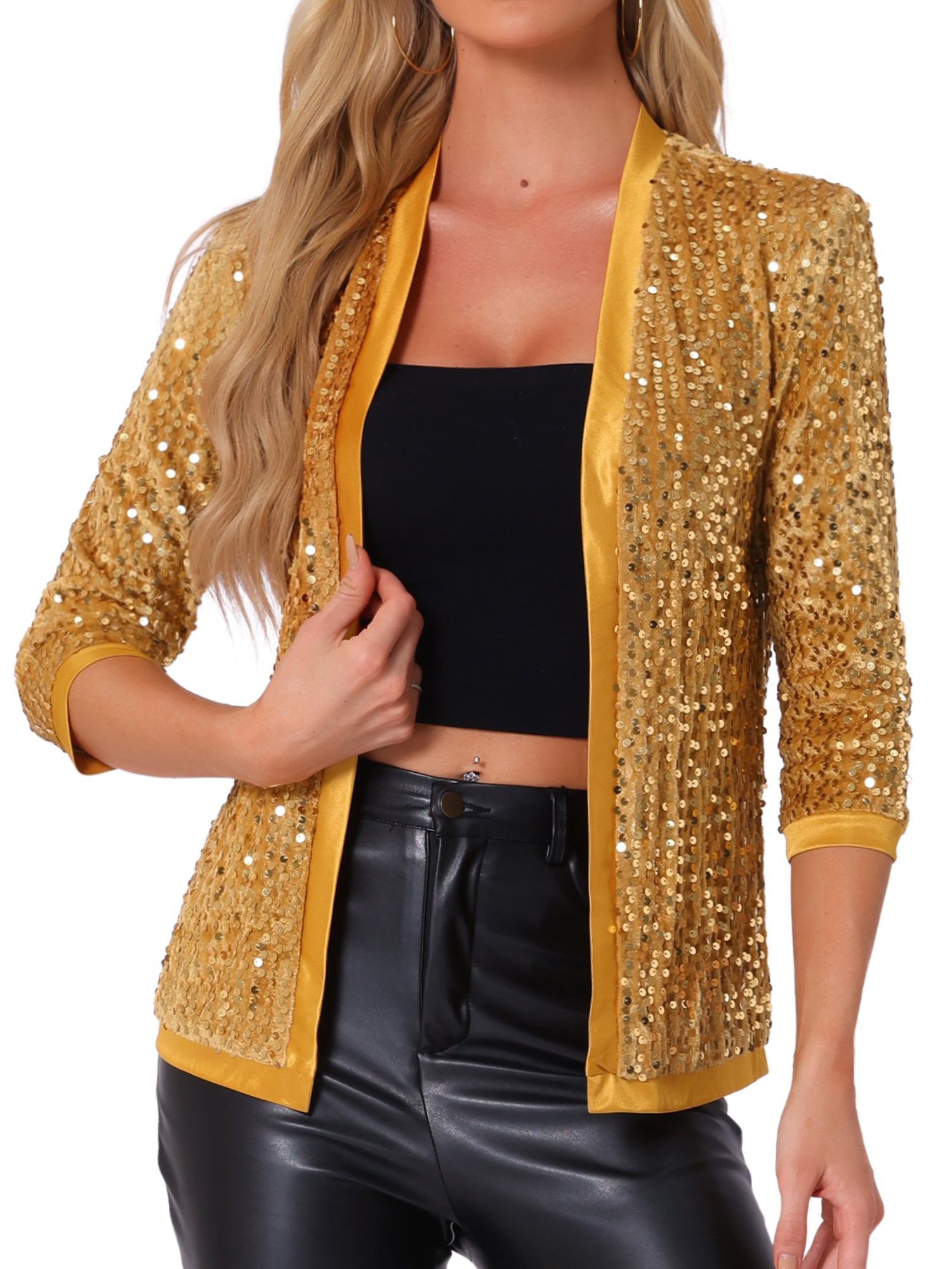 Sequin Open Front Collarless 3/4 Sleeve Velvet Jacket