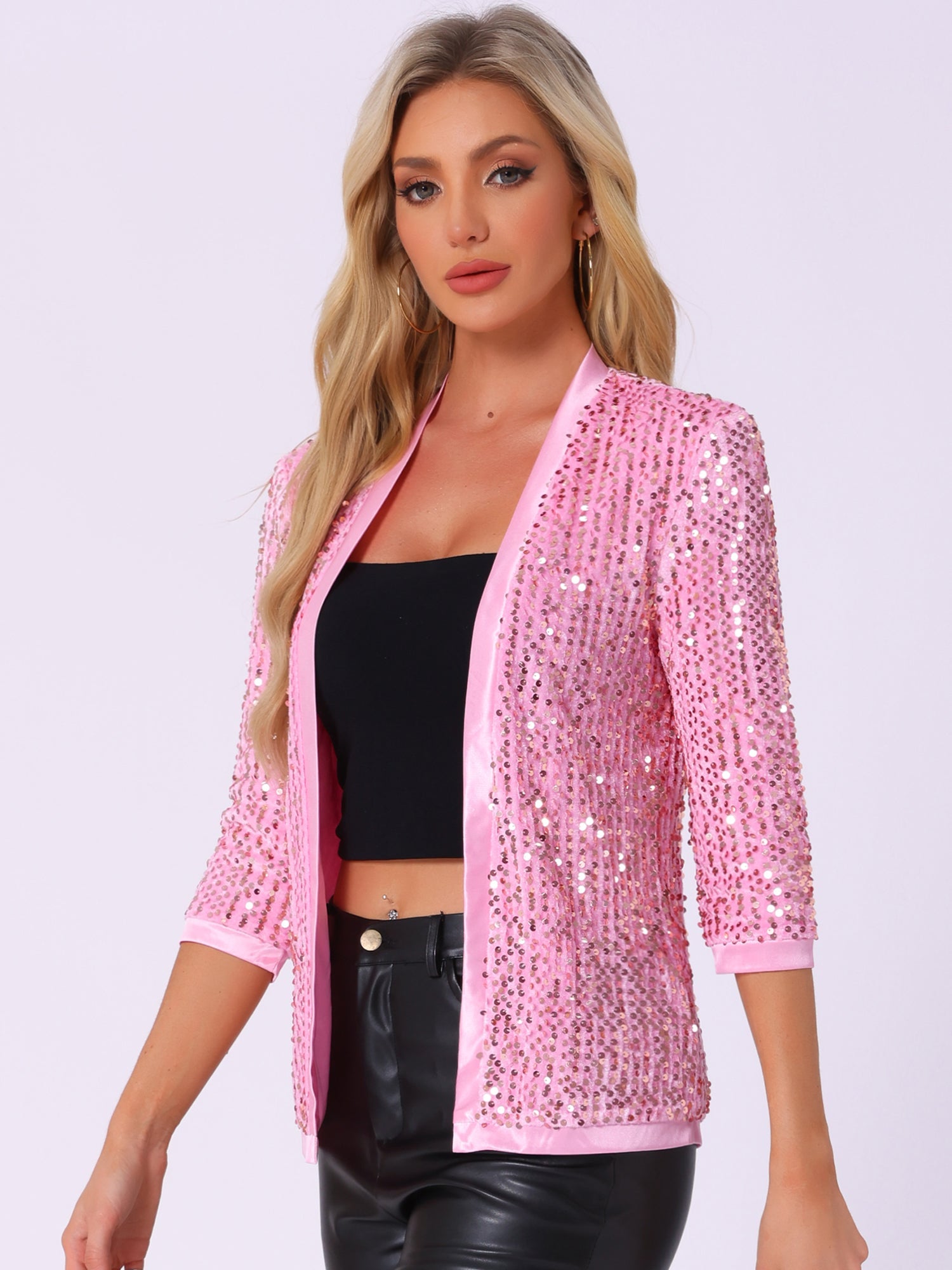 Sequin Open Front Collarless 3/4 Sleeve Velvet Jacket