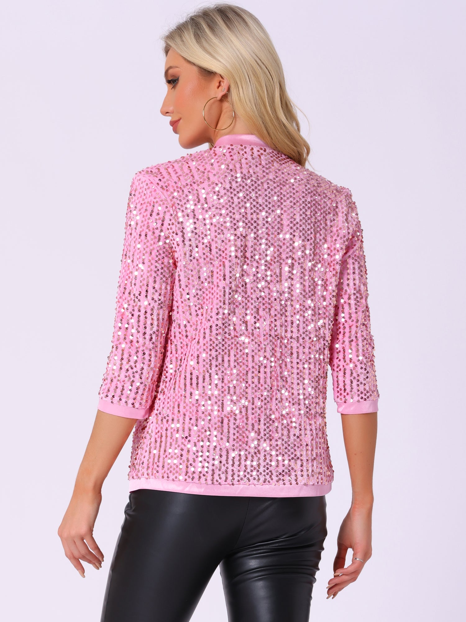 Sequin Open Front Collarless 3/4 Sleeve Velvet Jacket