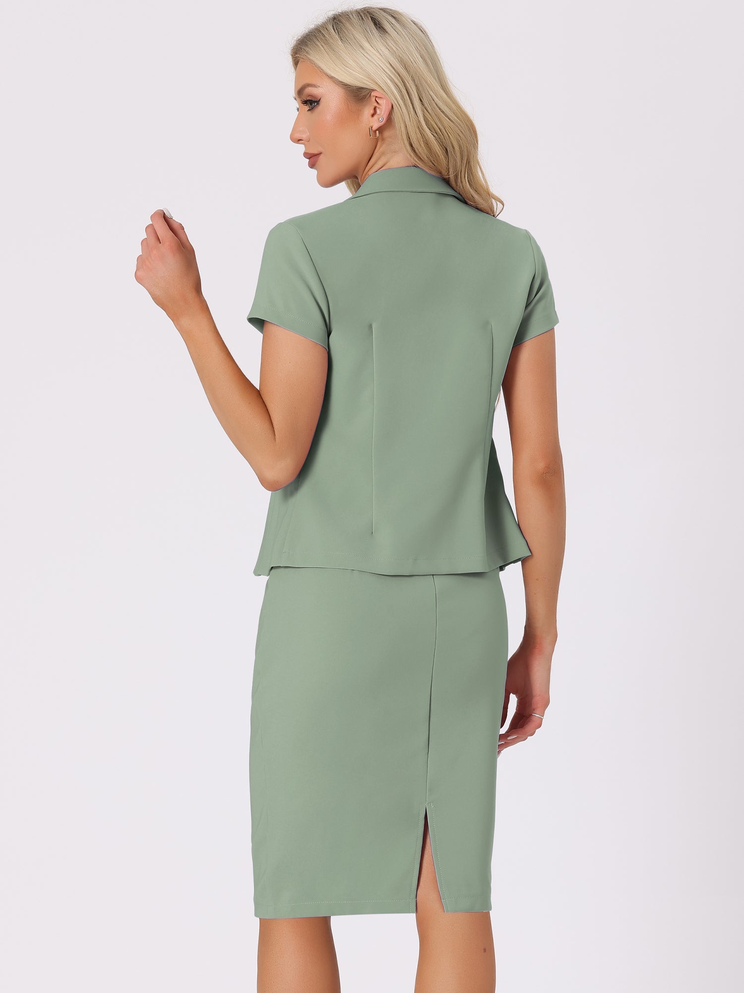 2 Piece Short Sleeve Notched Lapel Blazer & Pencil Midi Skirt Suit Set