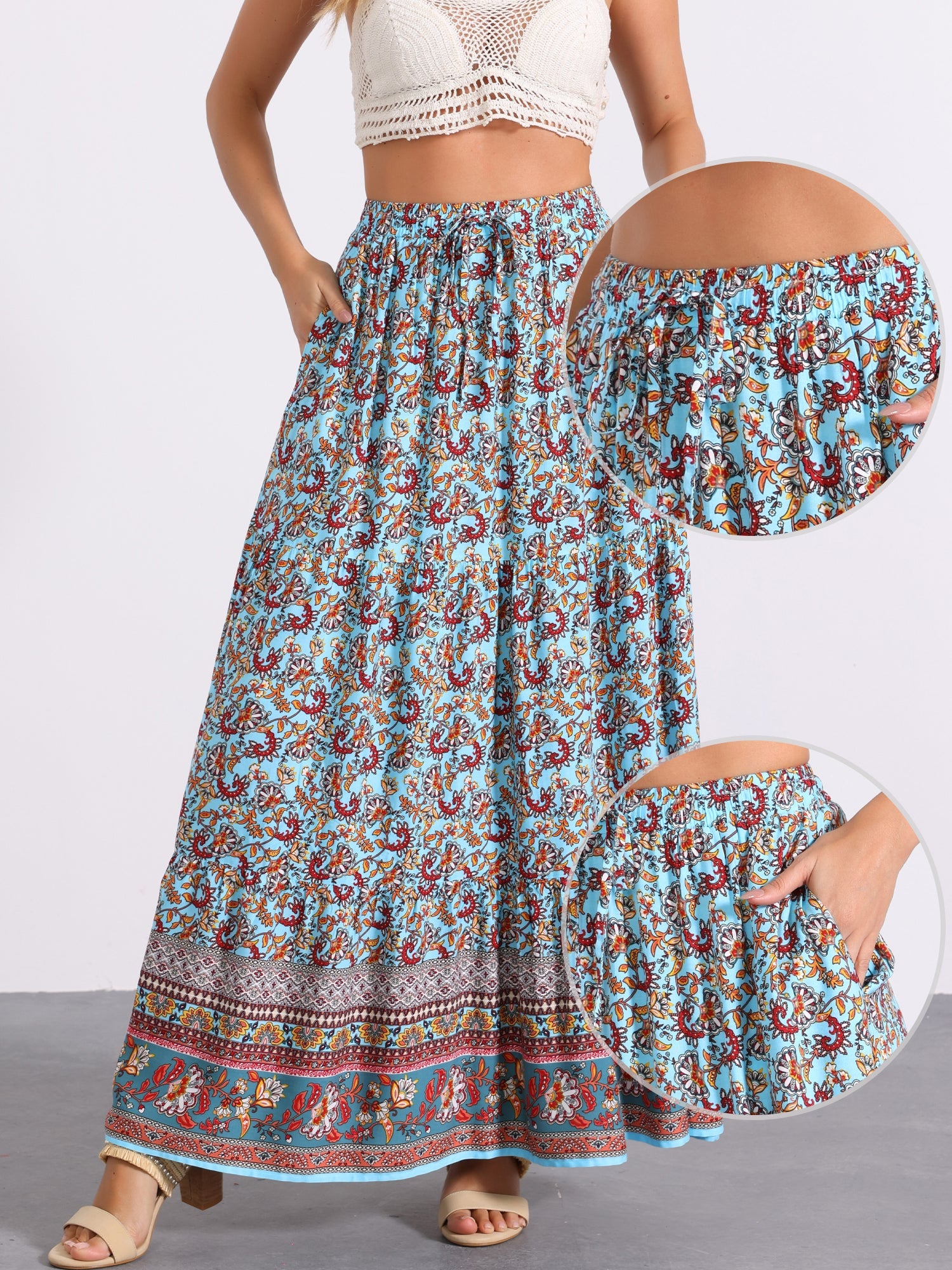 Boho Casual Bohemian Floral Printed Elastic Waist Maxi Skirt
