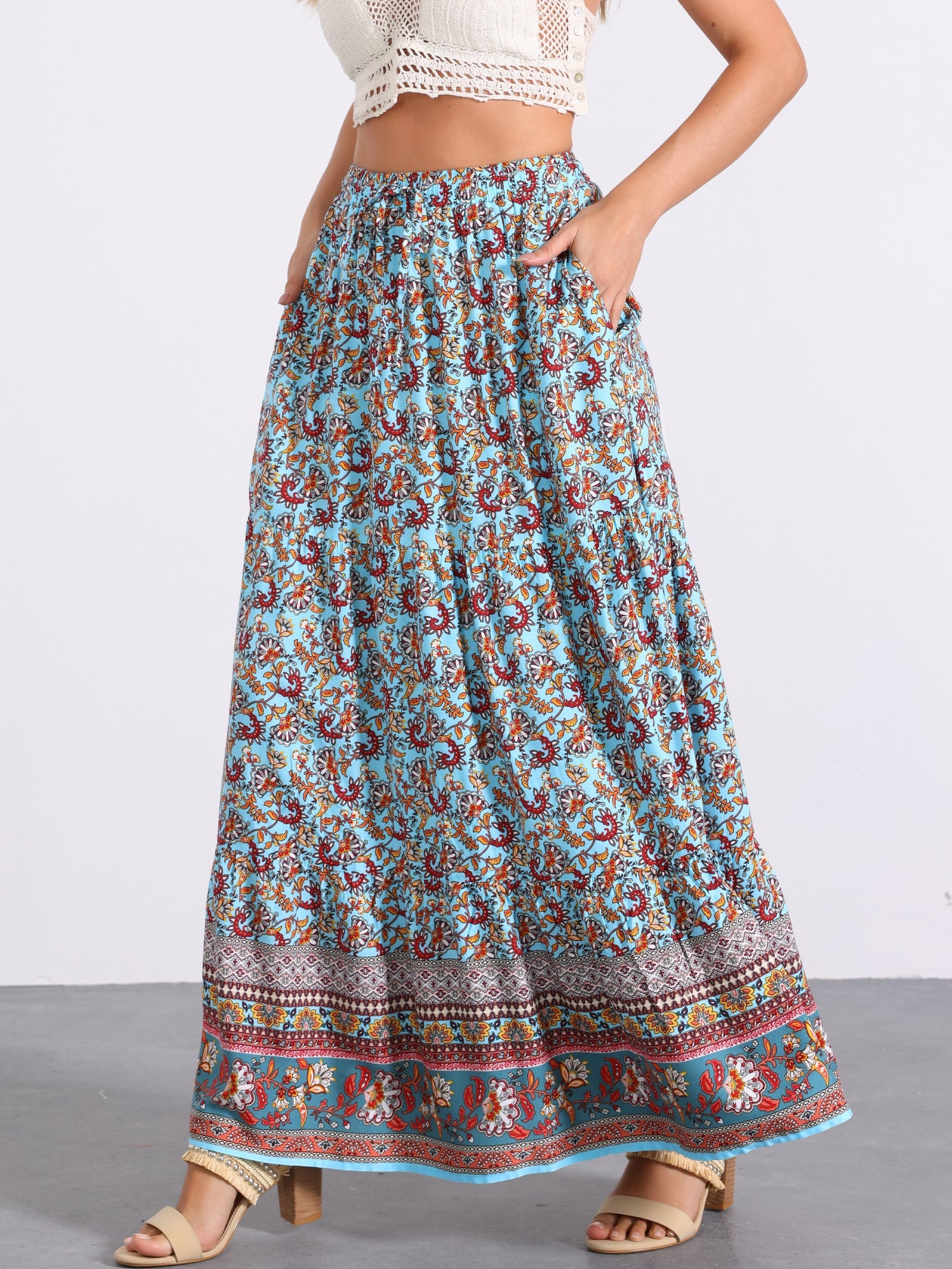 Boho Casual Bohemian Floral Printed Elastic Waist Maxi Skirt