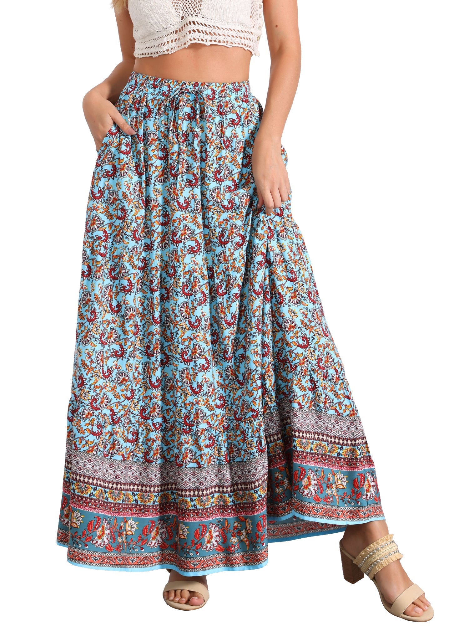 Boho Casual Bohemian Floral Printed Elastic Waist Maxi Skirt
