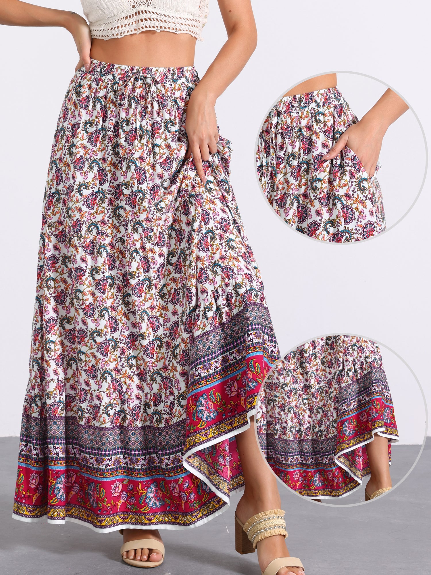 Boho Casual Bohemian Floral Printed Elastic Waist Maxi Skirt