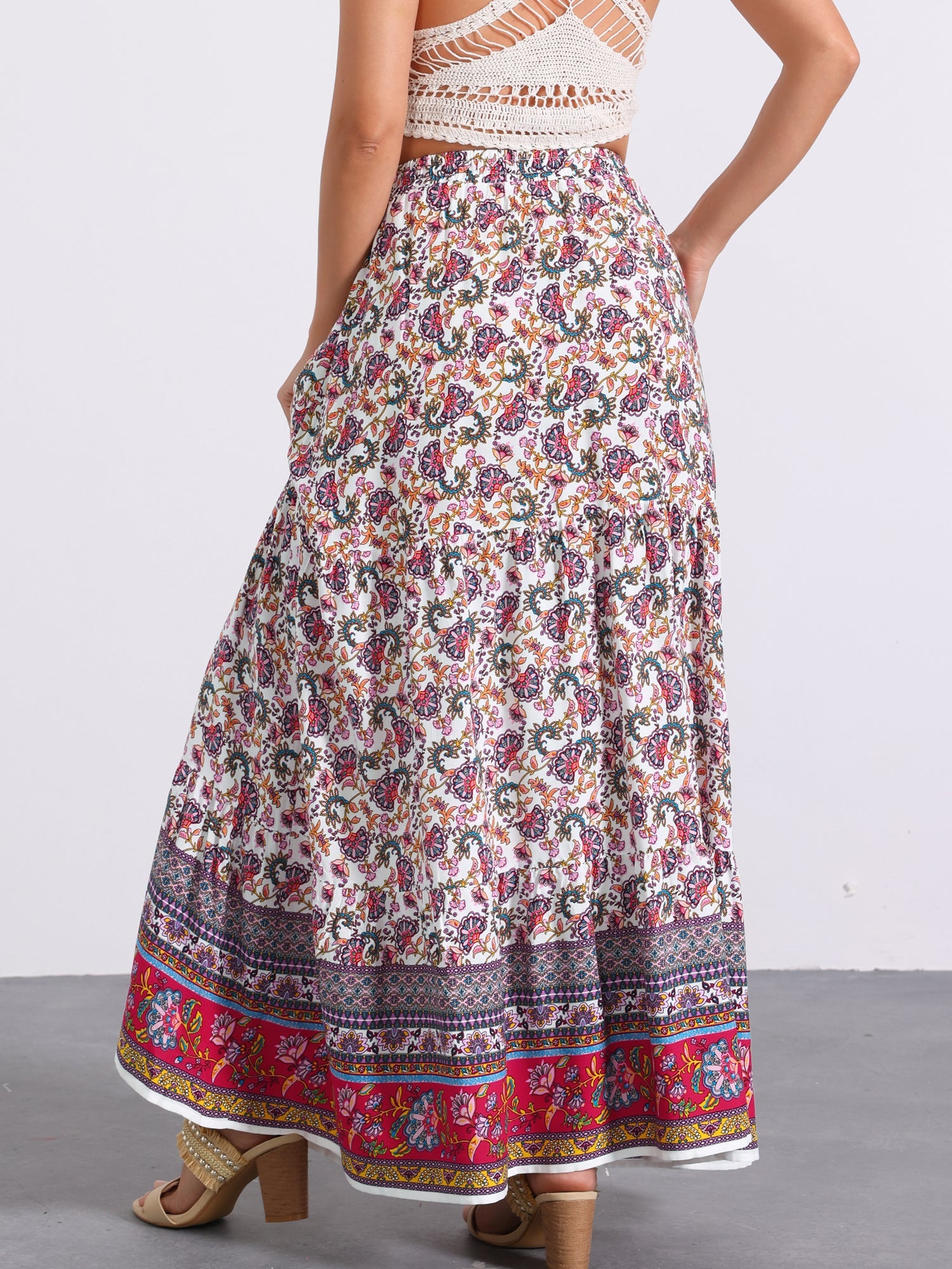 Boho Casual Bohemian Floral Printed Elastic Waist Maxi Skirt