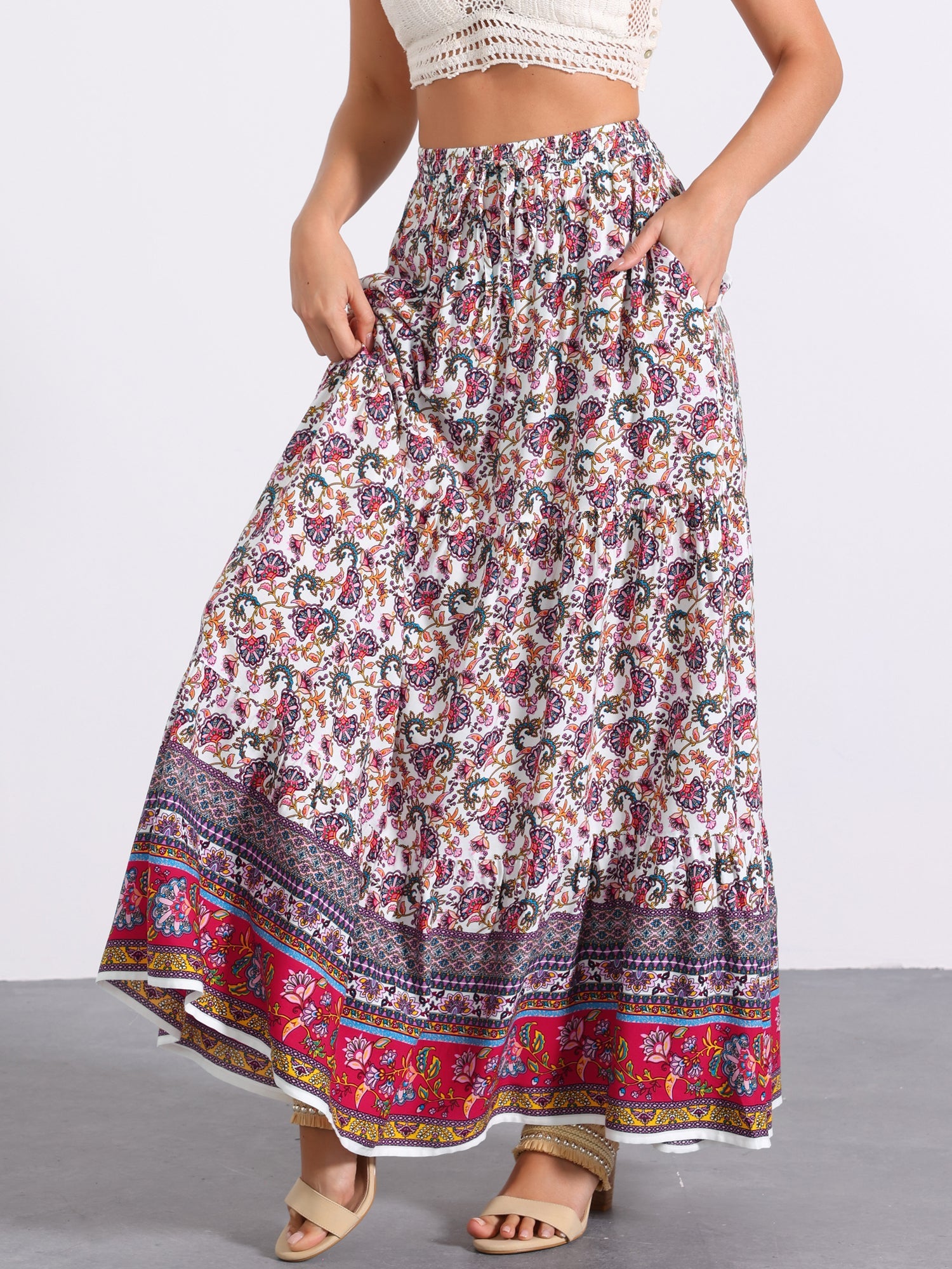 Boho Casual Bohemian Floral Printed Elastic Waist Maxi Skirt