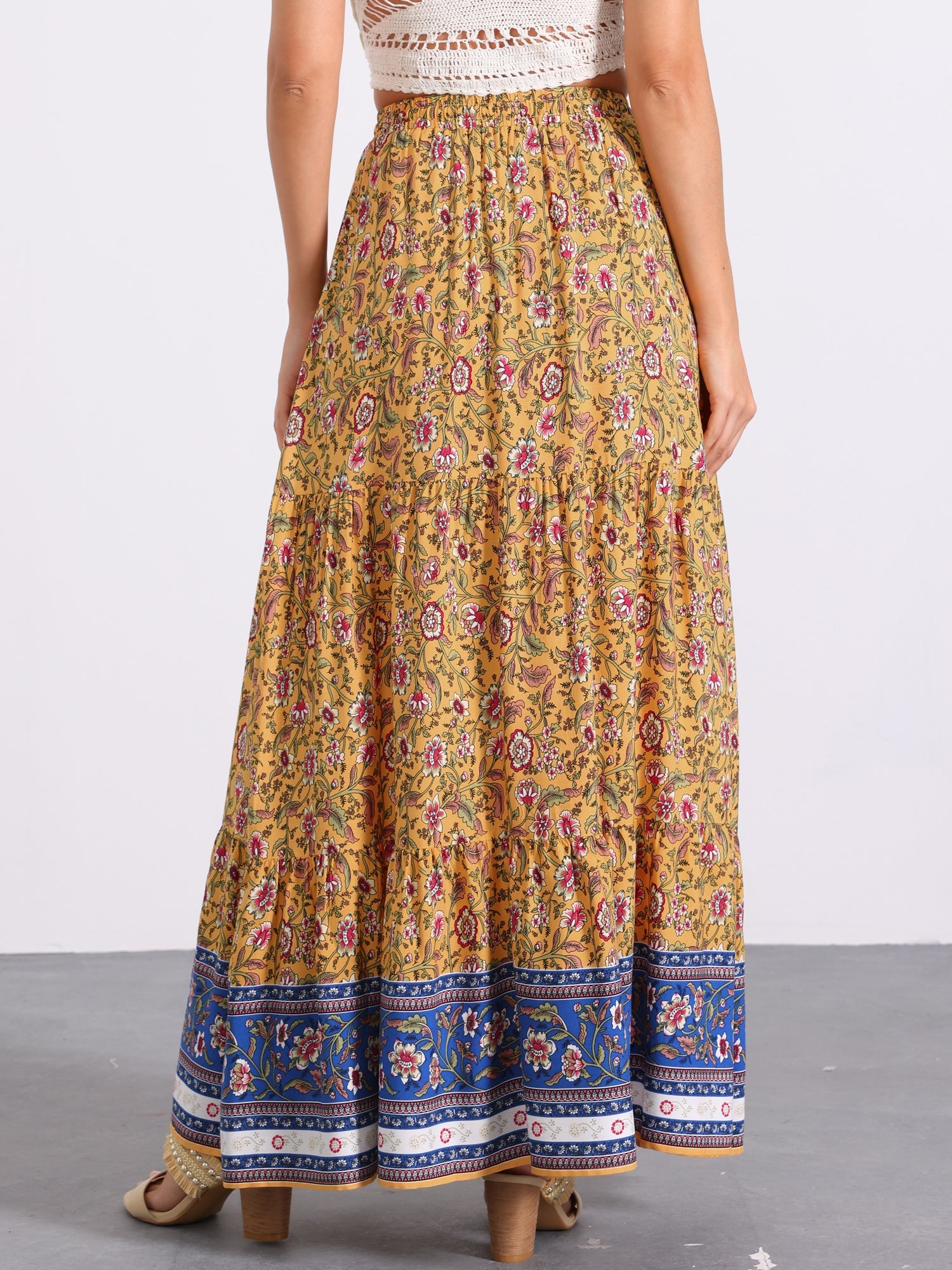 Boho Casual Bohemian Floral Printed Elastic Waist Maxi Skirt