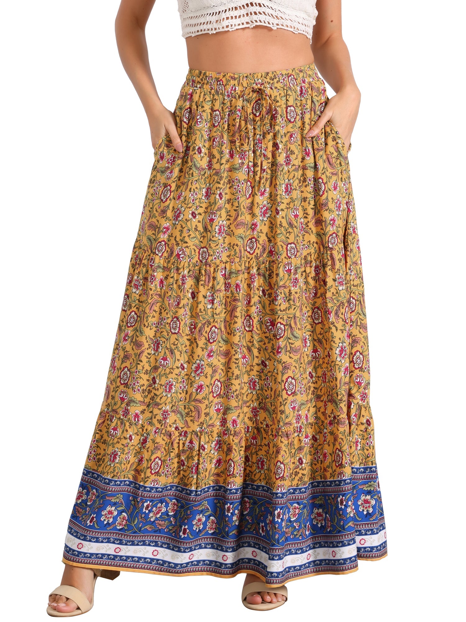 Boho Casual Bohemian Floral Printed Elastic Waist Maxi Skirt