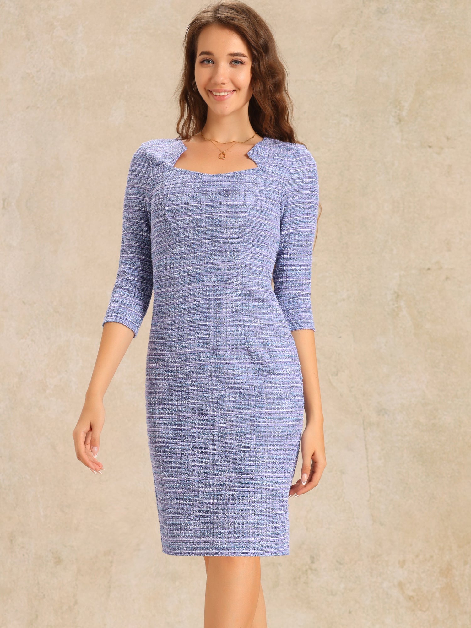 Elegant Square Neck 3/4 Sleeve Plaid Tweed Sheath Dress