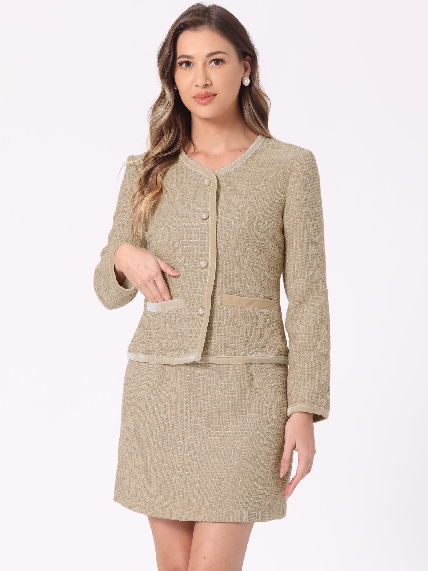 2 Piece Outfits Plaid Tweed Cropped Blazer Jacket & Mini Skirt Suit Set