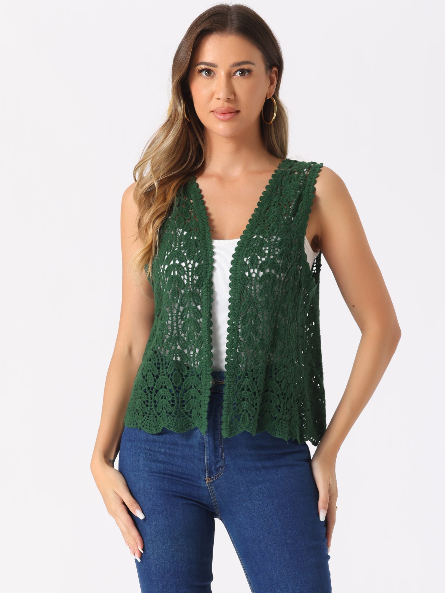 Floral Crochet Hollow Out Sleeveless Open Front Boho Vest Cardigan
