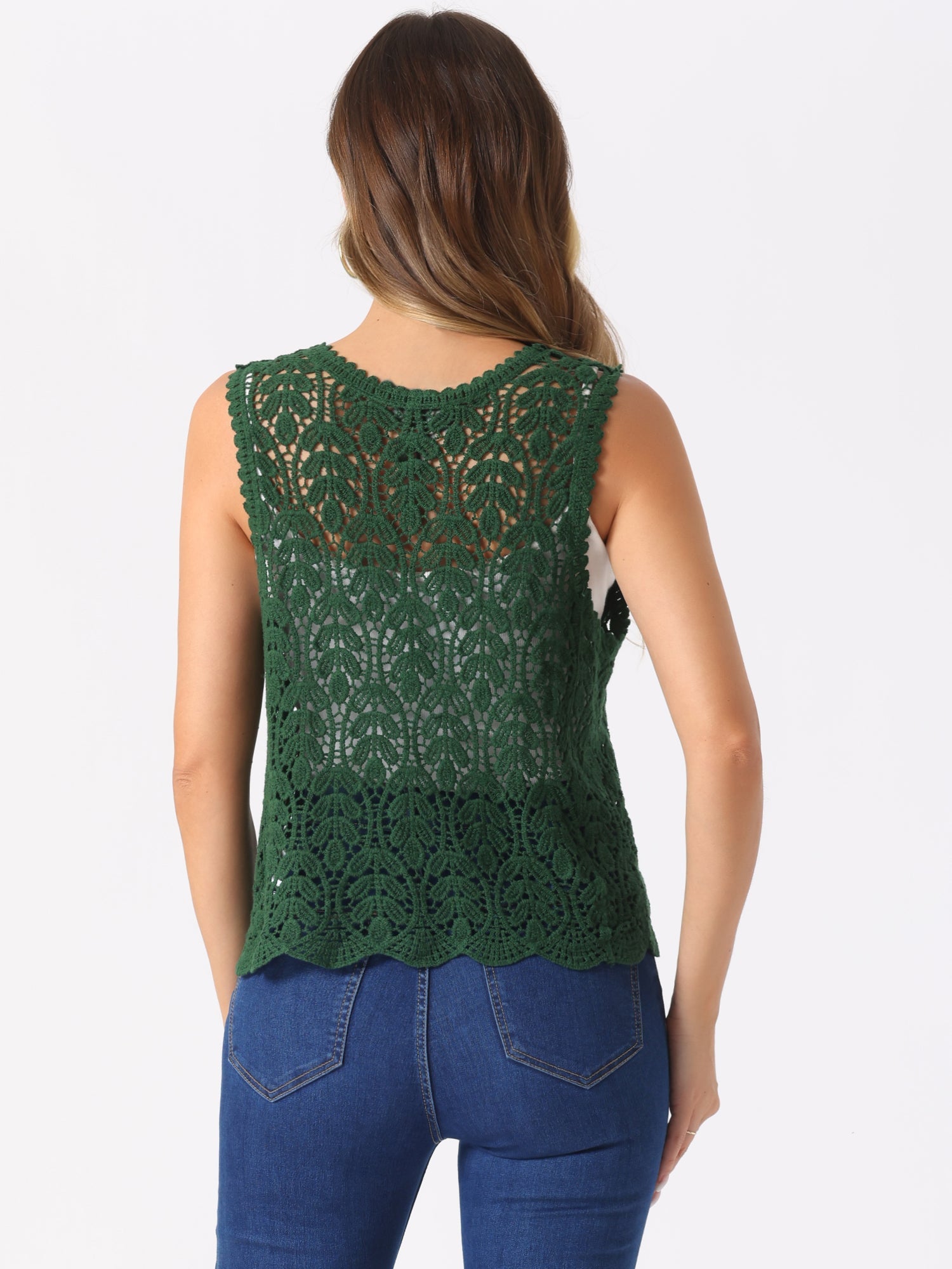 Floral Crochet Hollow Out Sleeveless Open Front Boho Vest Cardigan