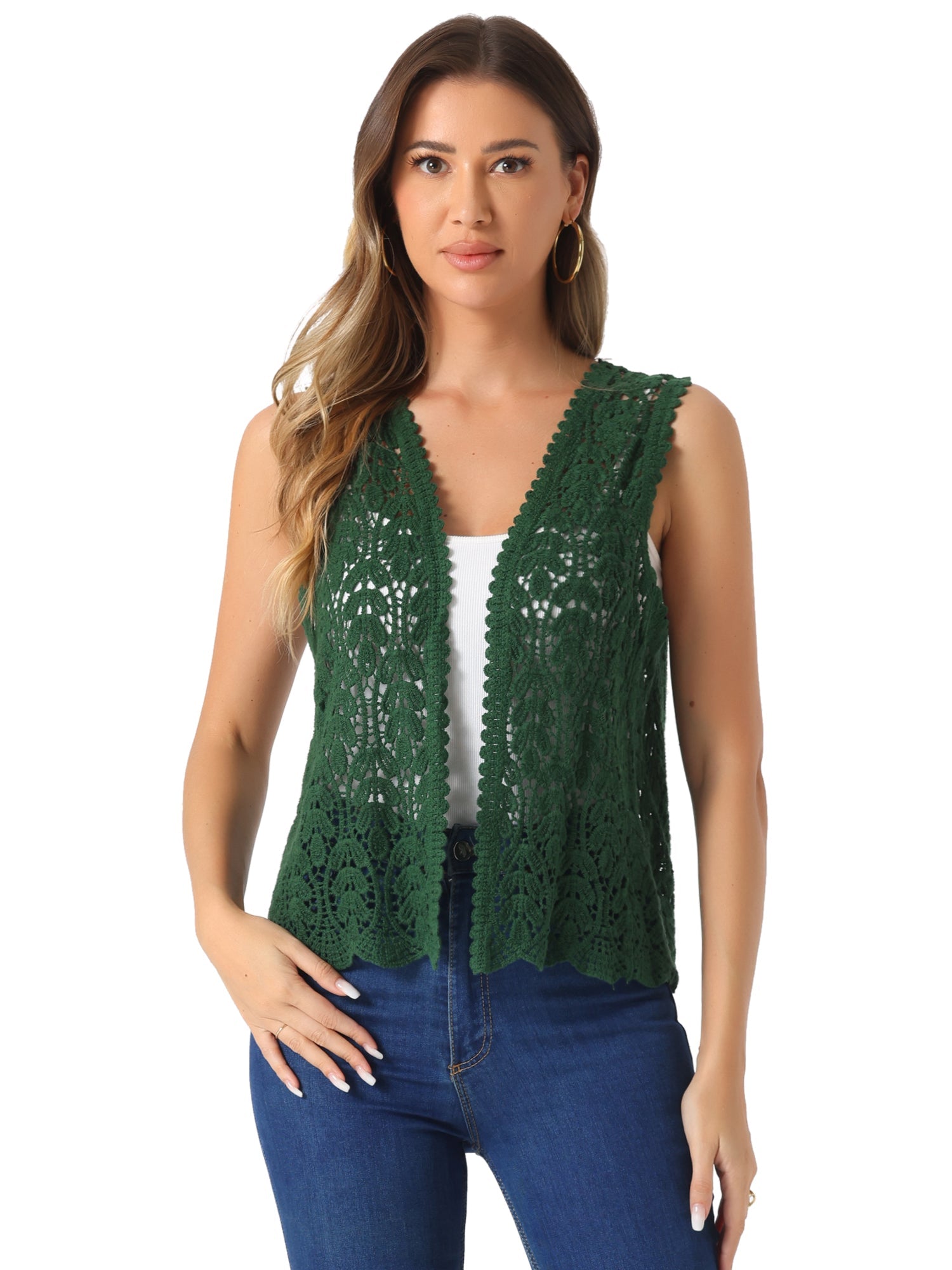 Floral Crochet Hollow Out Sleeveless Open Front Boho Vest Cardigan
