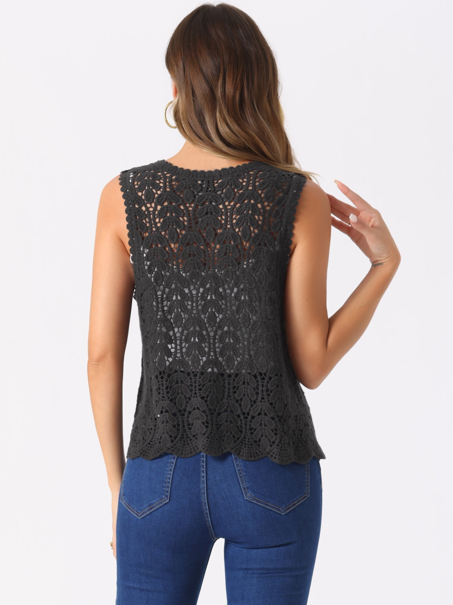 Floral Crochet Hollow Out Sleeveless Open Front Boho Vest Cardigan