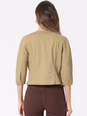 Denim Collarless Pockets 3/4 Sleeve Feminine Style Jacket