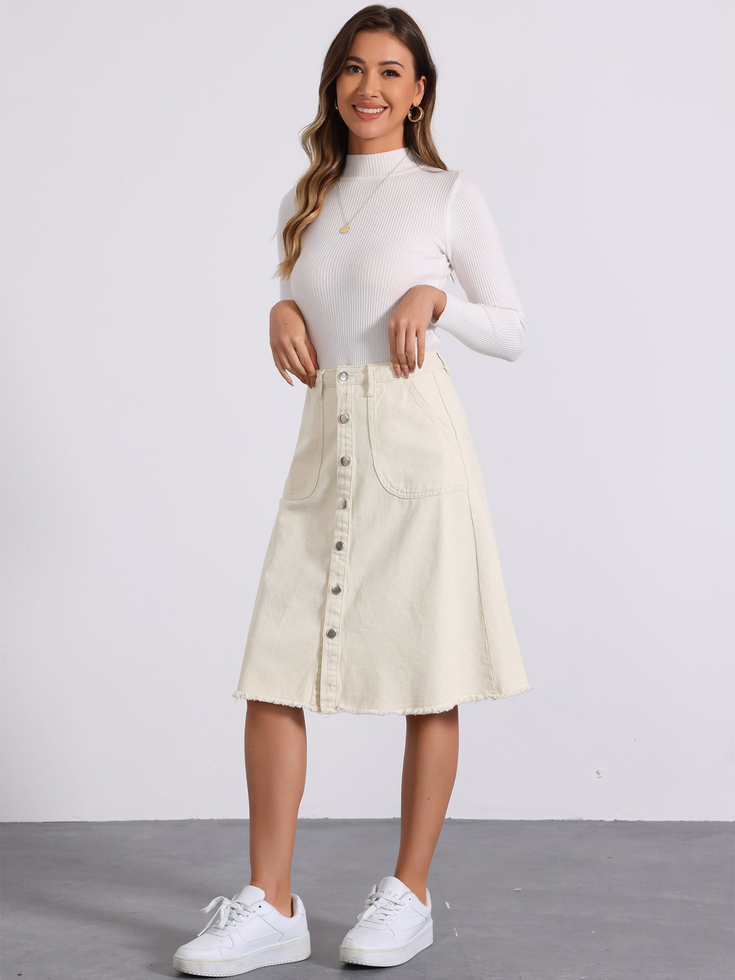 Denim Raw Hem Button Down Midi Jeans Skirt