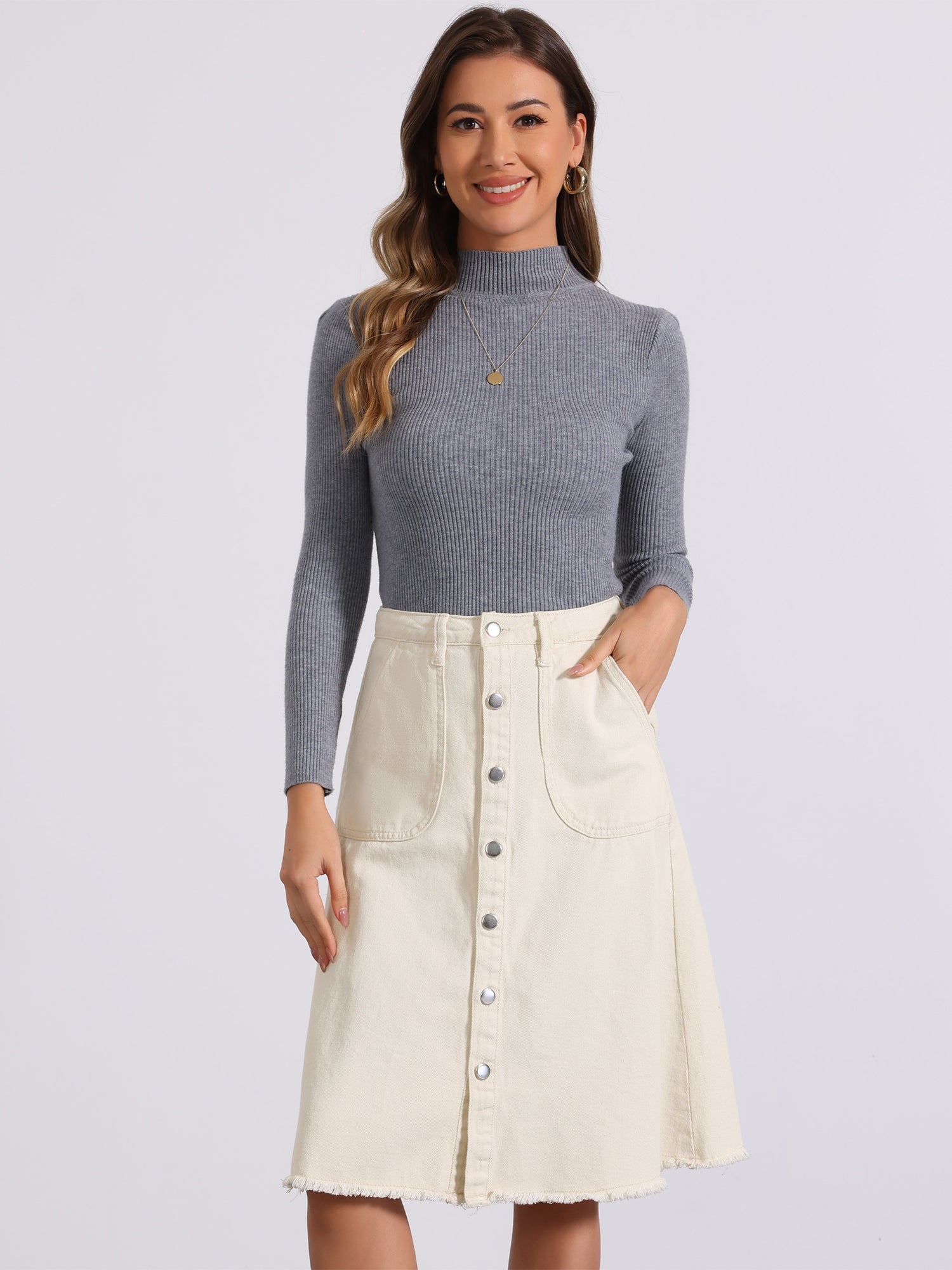 Denim Raw Hem Button Down Midi Jeans Skirt