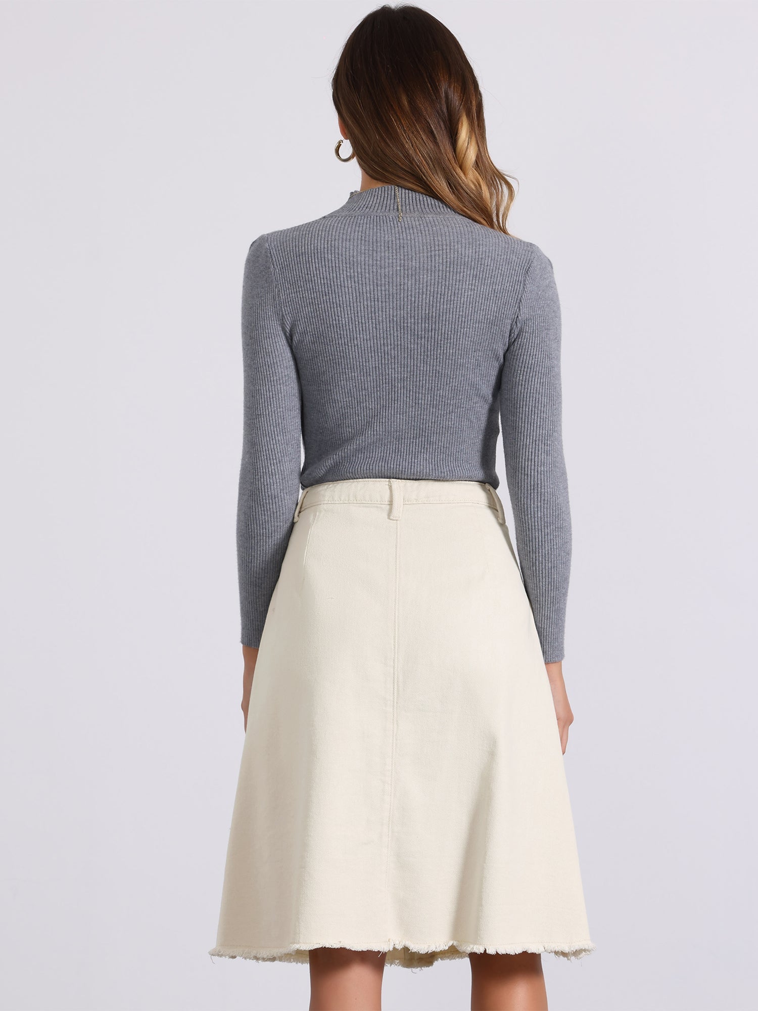 Denim Raw Hem Button Down Midi Jeans Skirt