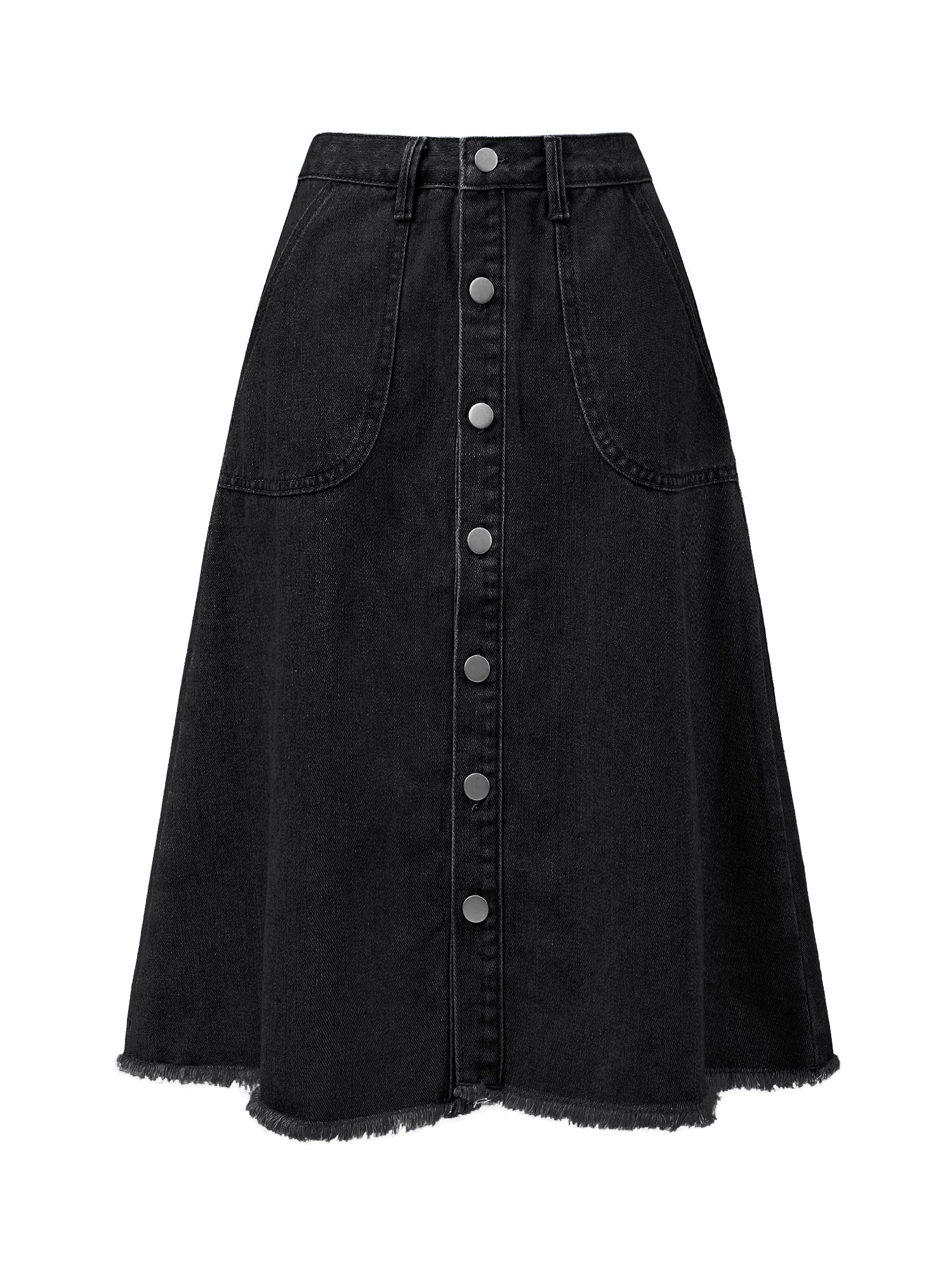 Denim Raw Hem Button Down Midi Jeans Skirt