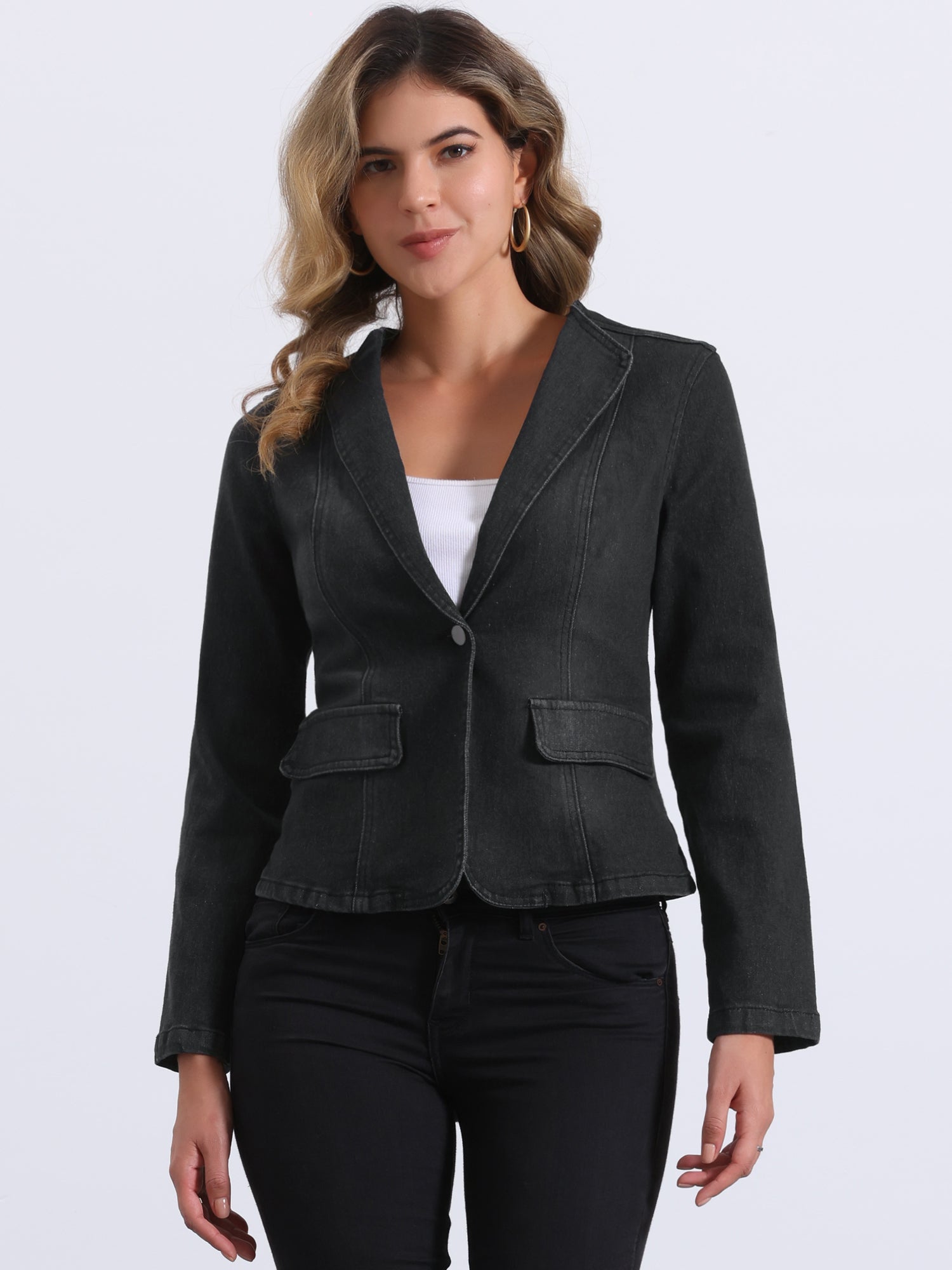 Lapel Collar Long Sleeve One Button Denim Blazer Jean Jacket